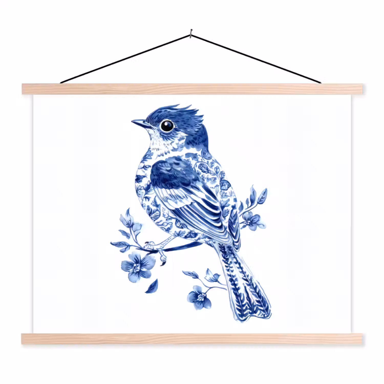 Vogel - Delfts blauw - Illustratie - Bloemen textielposter latten blank klein -3d