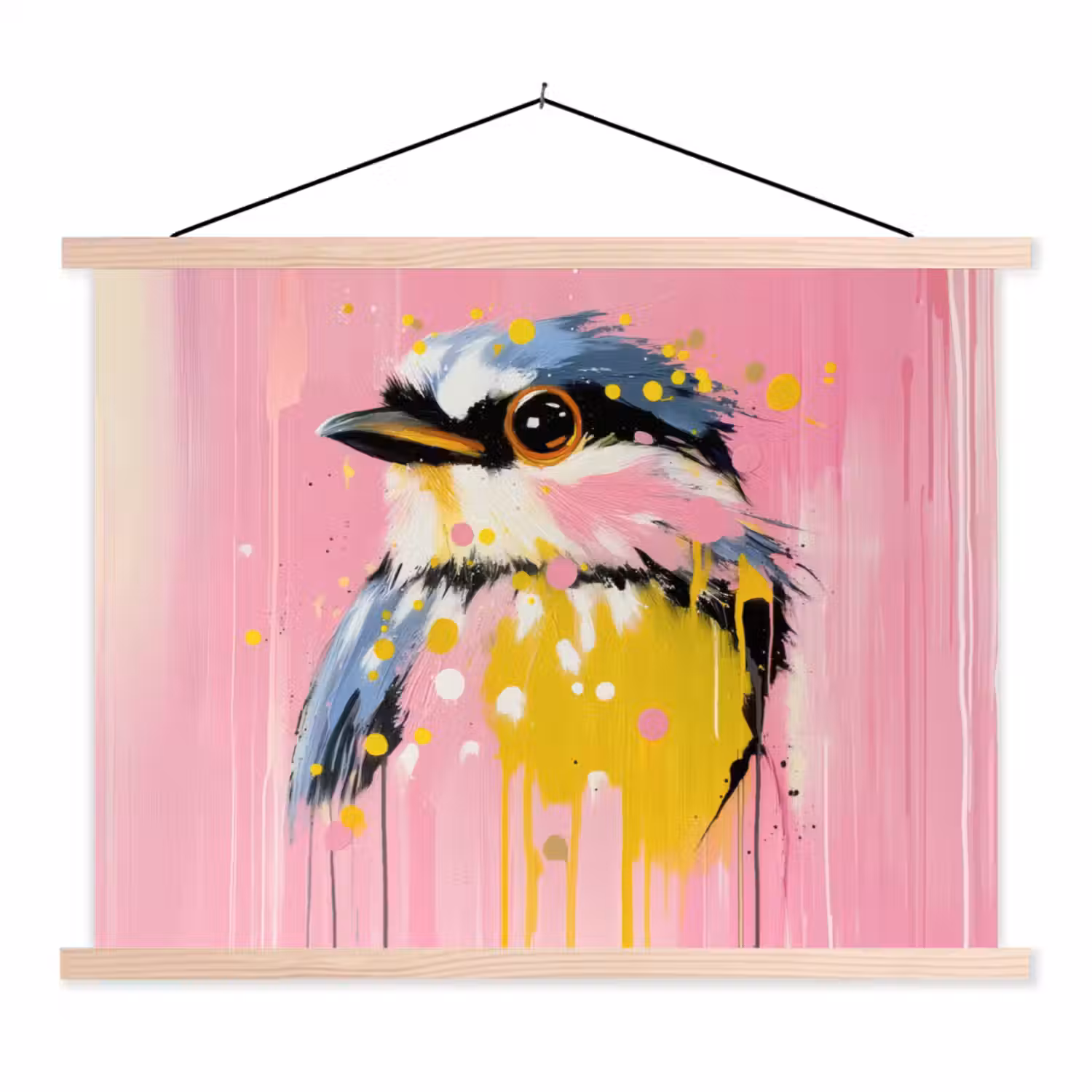 Vogel - Roze - Geel - Blauw textielposter latten blank klein -3d