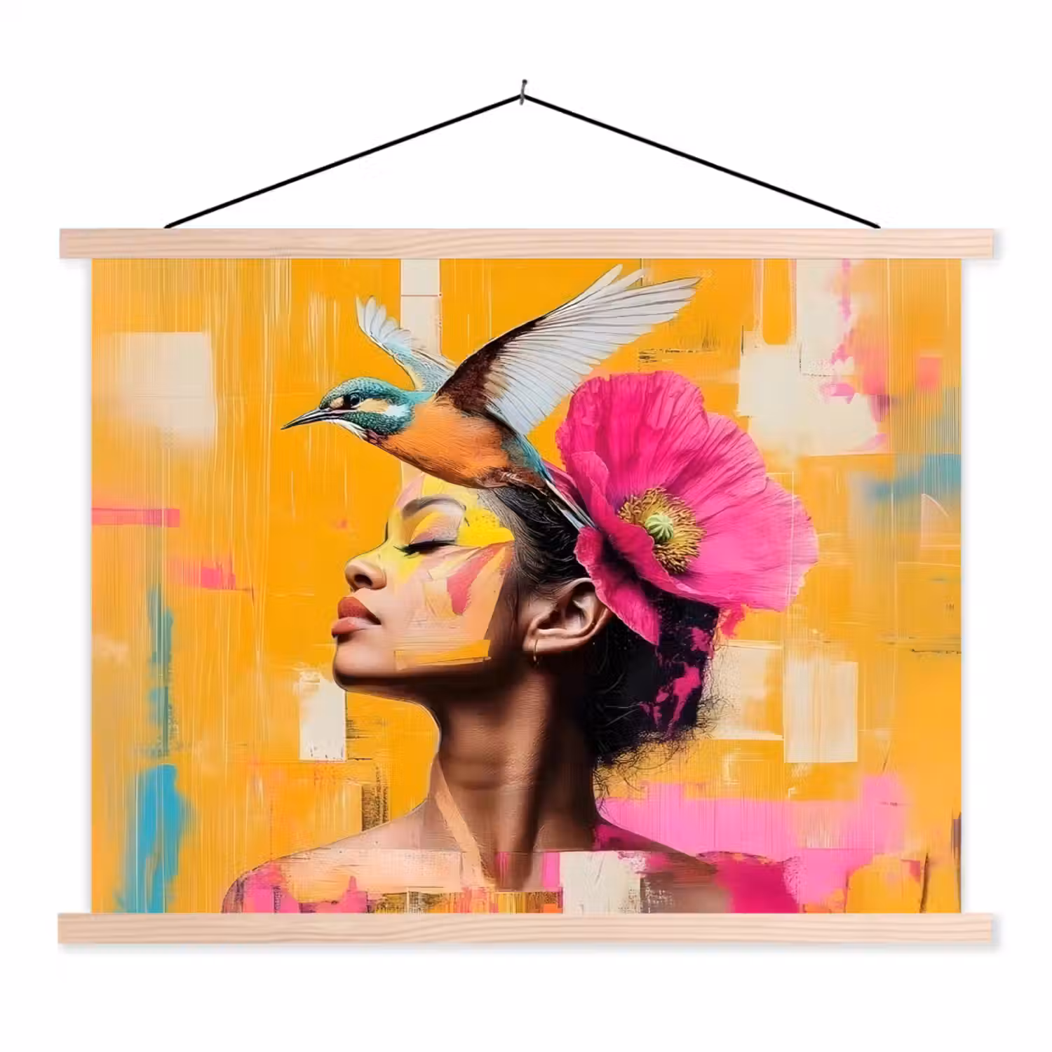 Vogel - Vrouw - Abstract - Bloem textielposter latten blank klein -3d