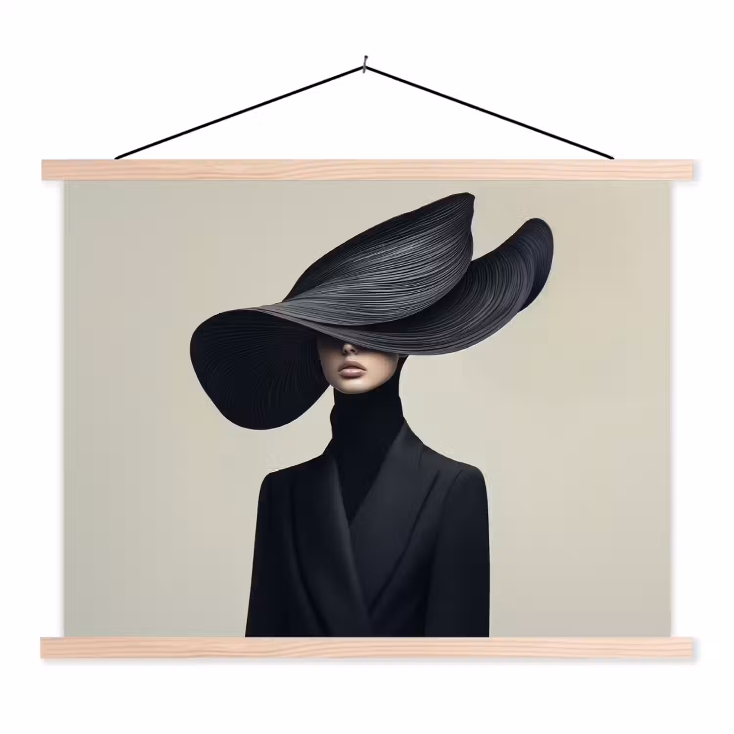 Zwart - Vrouw - Hoed textielposter latten blank klein -3d