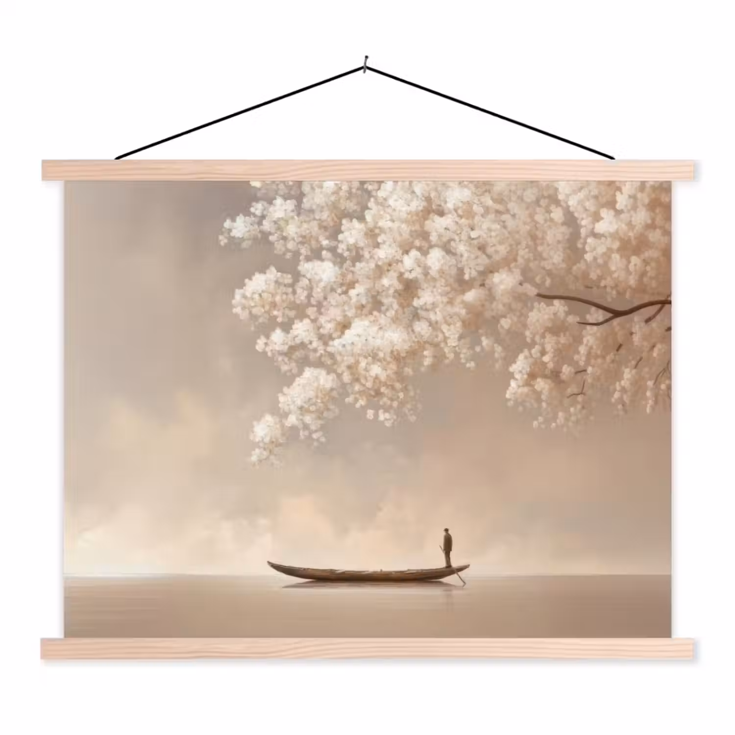 Bloesems - Wit - Boot - Minimalistisch textielposter latten blank klein -3d