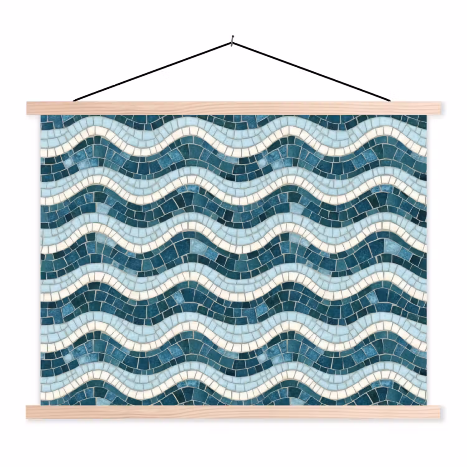 Blauw - Wit - Mozaïek - Golvend textielposter latten blank klein 122 -3d