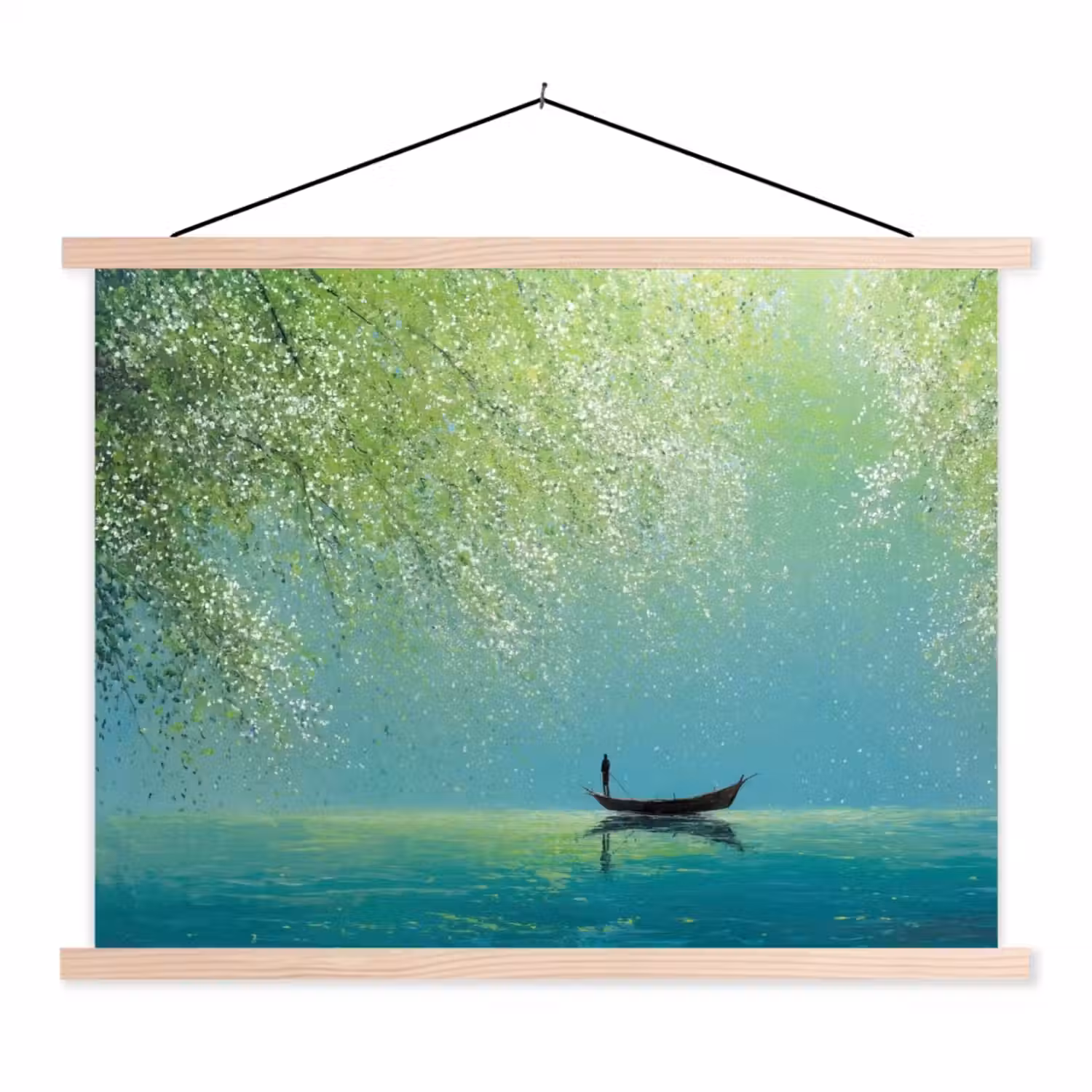 Bootje - Water - Bladeren - Bloesems textielposter latten blank klein -3d