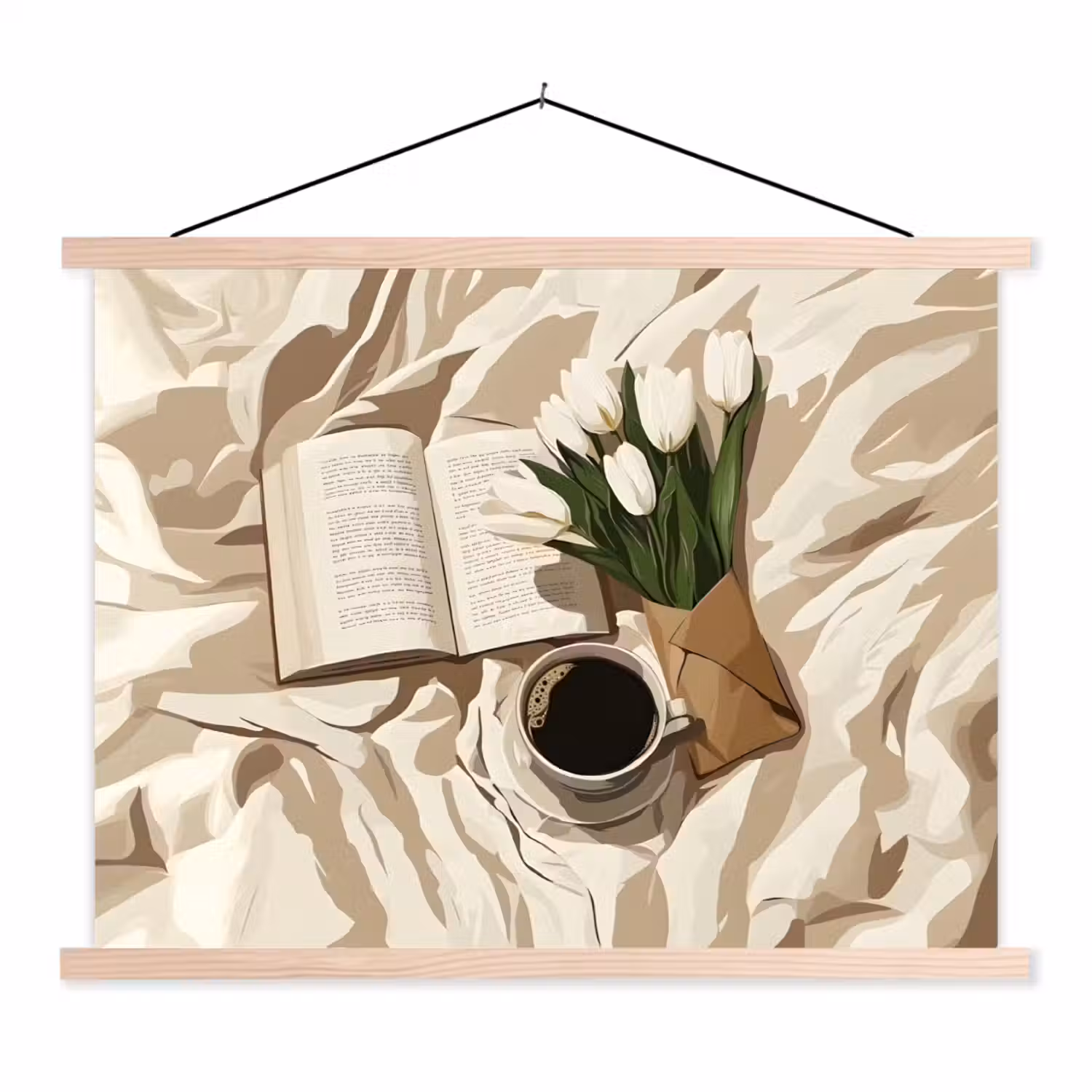Boek - Illustratie - Tulpen - Koffie textielposter latten blank klein -3d