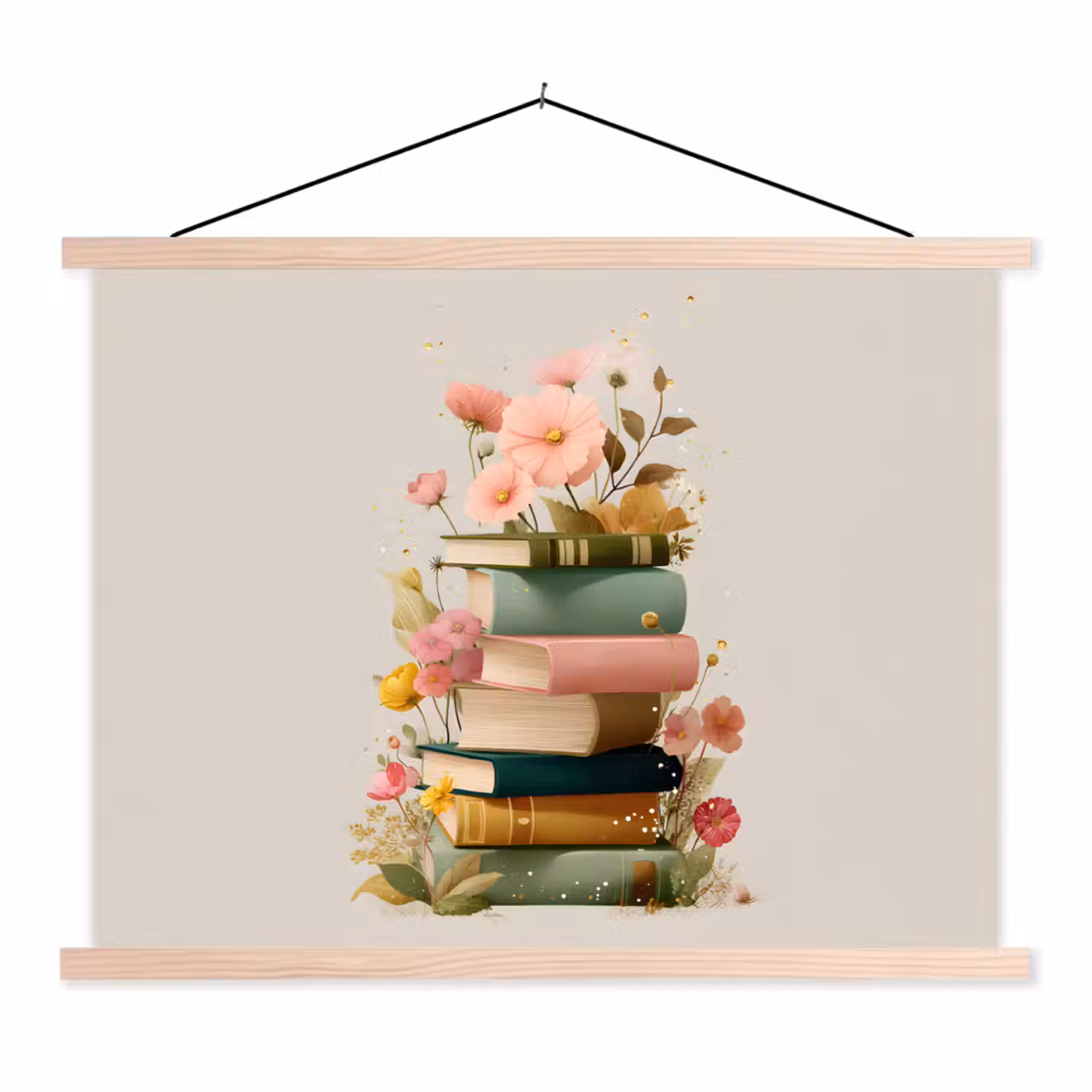 Boeken - Stapel - Bloemen - Kleurrijk textielposter latten blank klein -3d