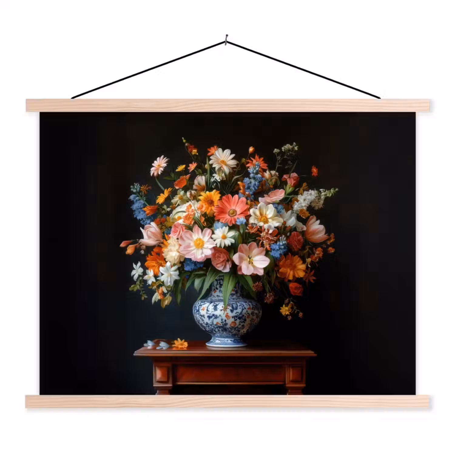 Boeket - Roze - Bloemen - Vaas textielposter latten blank klein -3d