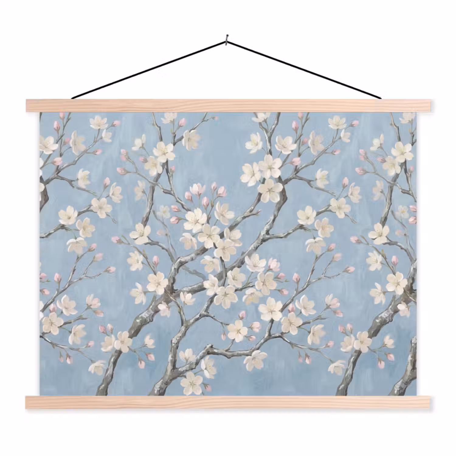Takken - Kersenbloesem - Blauw textielposter latten blank klein -3d