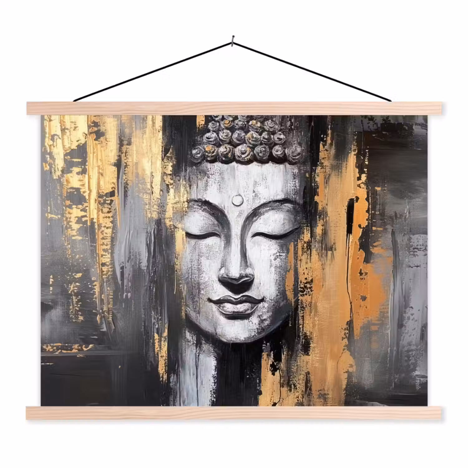 Boedhha - Penseelstreken - Goud - Abstract textielposter latten blank klein -3d