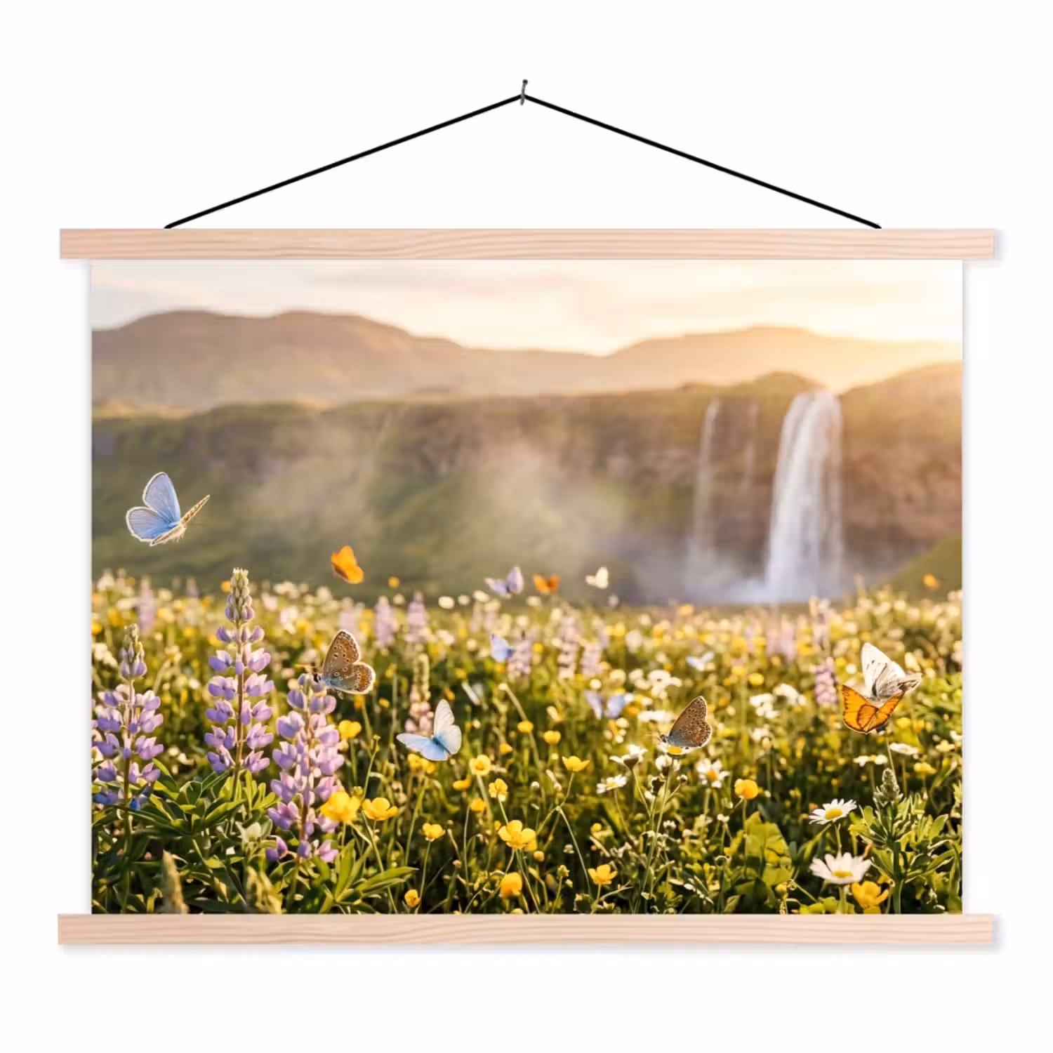 Vlinders - Waterval - Bloemenveld textielposter latten blank klein -3d