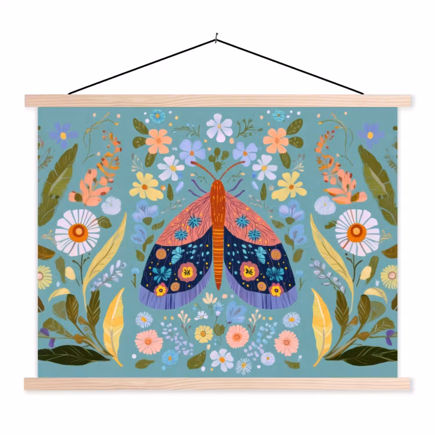 Vlinder - Sierlijk - Bloemen - Bladeren textielposter latten blank klein -3d