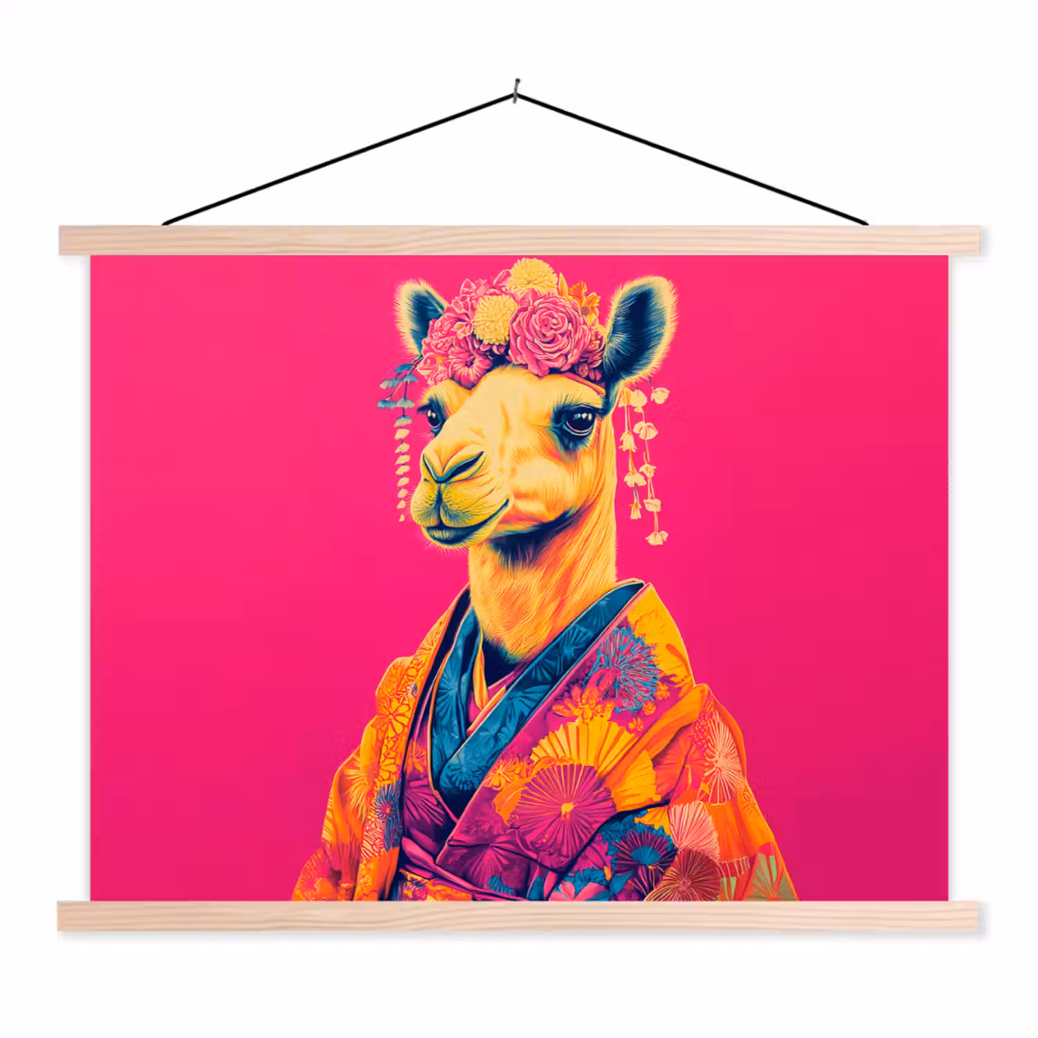 Kameel - Bloemen - Kimono - Waaiers textielposter latten blank klein -3d