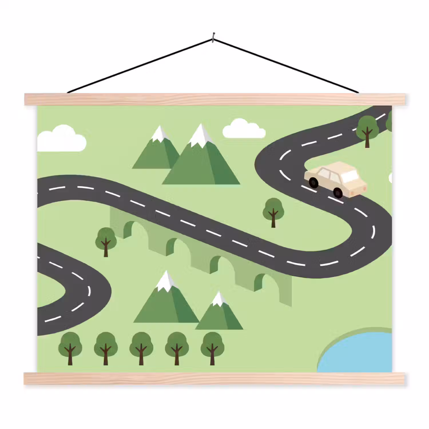 Auto - Bergweg - Natuur - Illustratie textielposter latten blank klein -3d