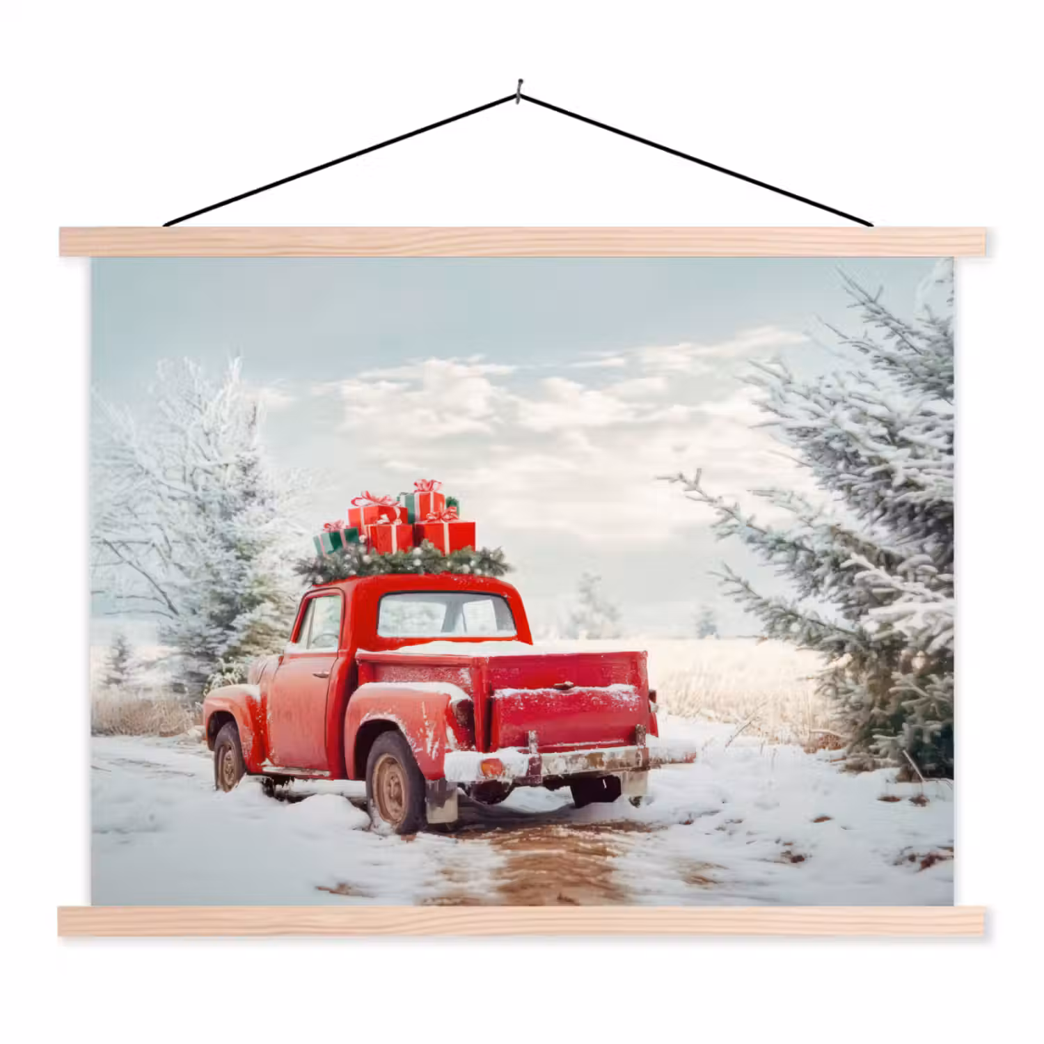 Auto - Rood - Cadeaus - Winter - Sneeuw - Kerst textielposter latten blank klein -3d