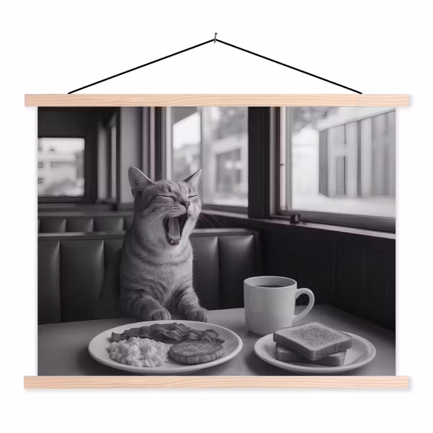 Kat - Koffie - Brood - Zwart textielposter latten blank klein -3d