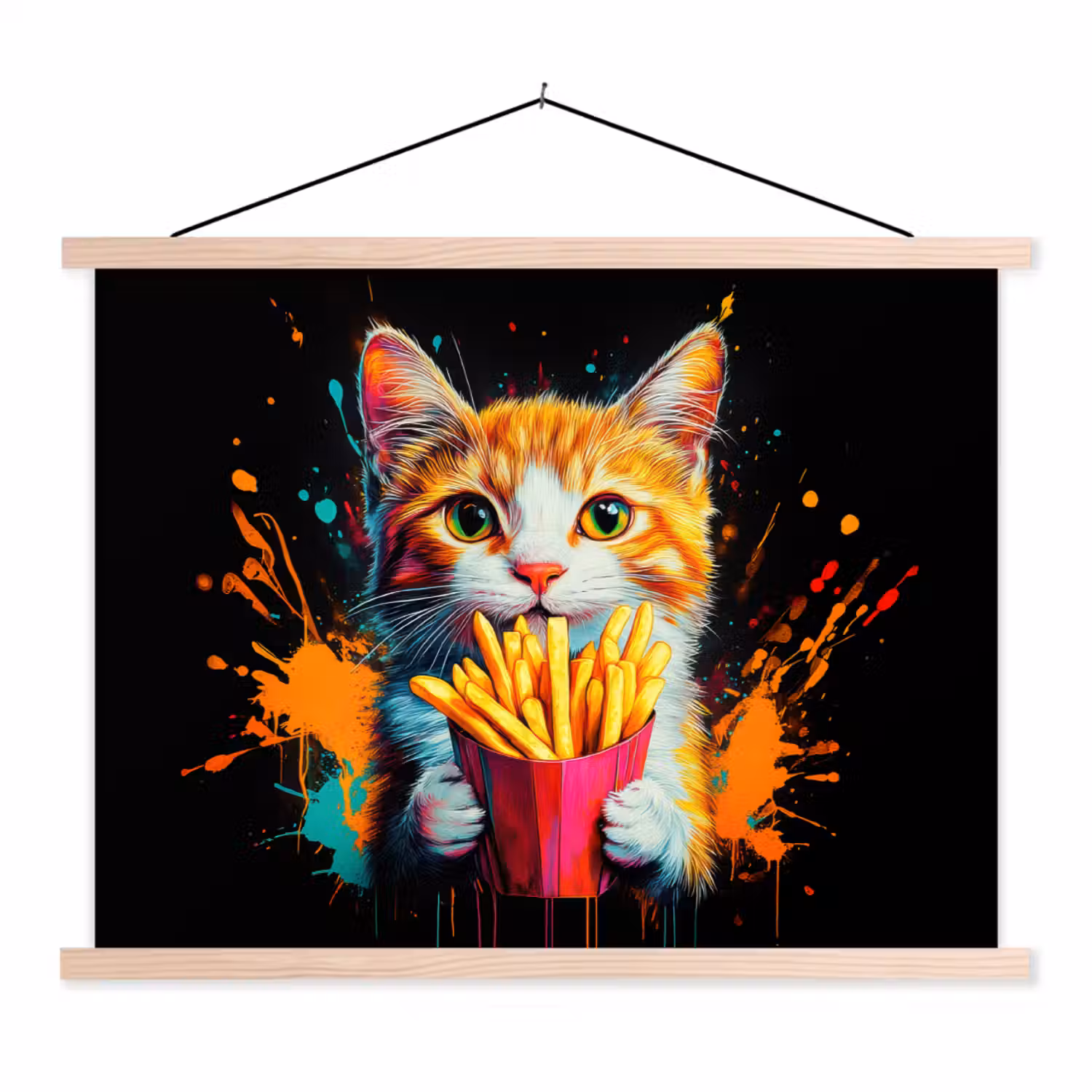 Kat - Eten - Patat - Graffiti - Abstract textielposter latten blank klein -3d