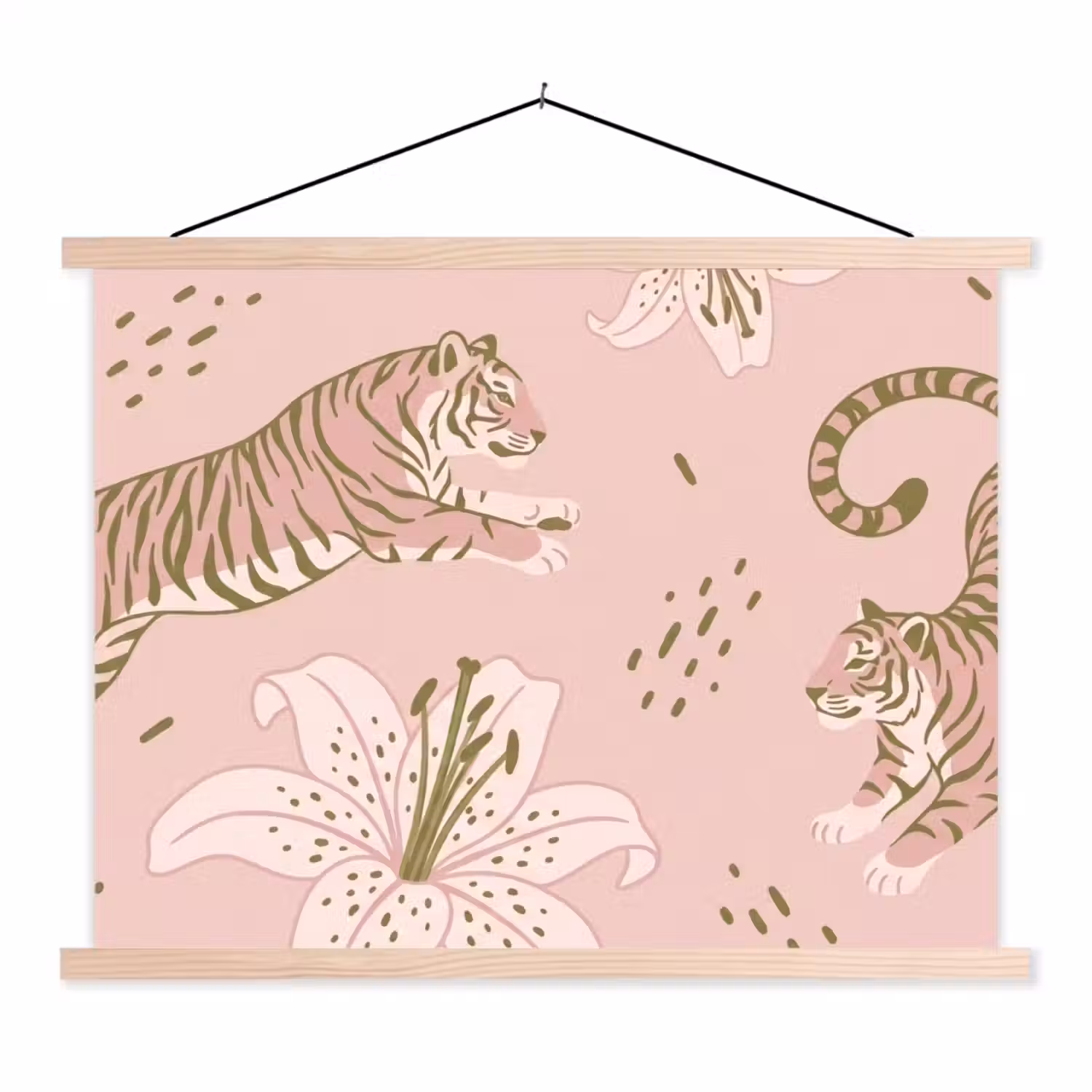 Kat - Springend - Bloemen - Abstract - Roze textielposter latten blank klein -3d