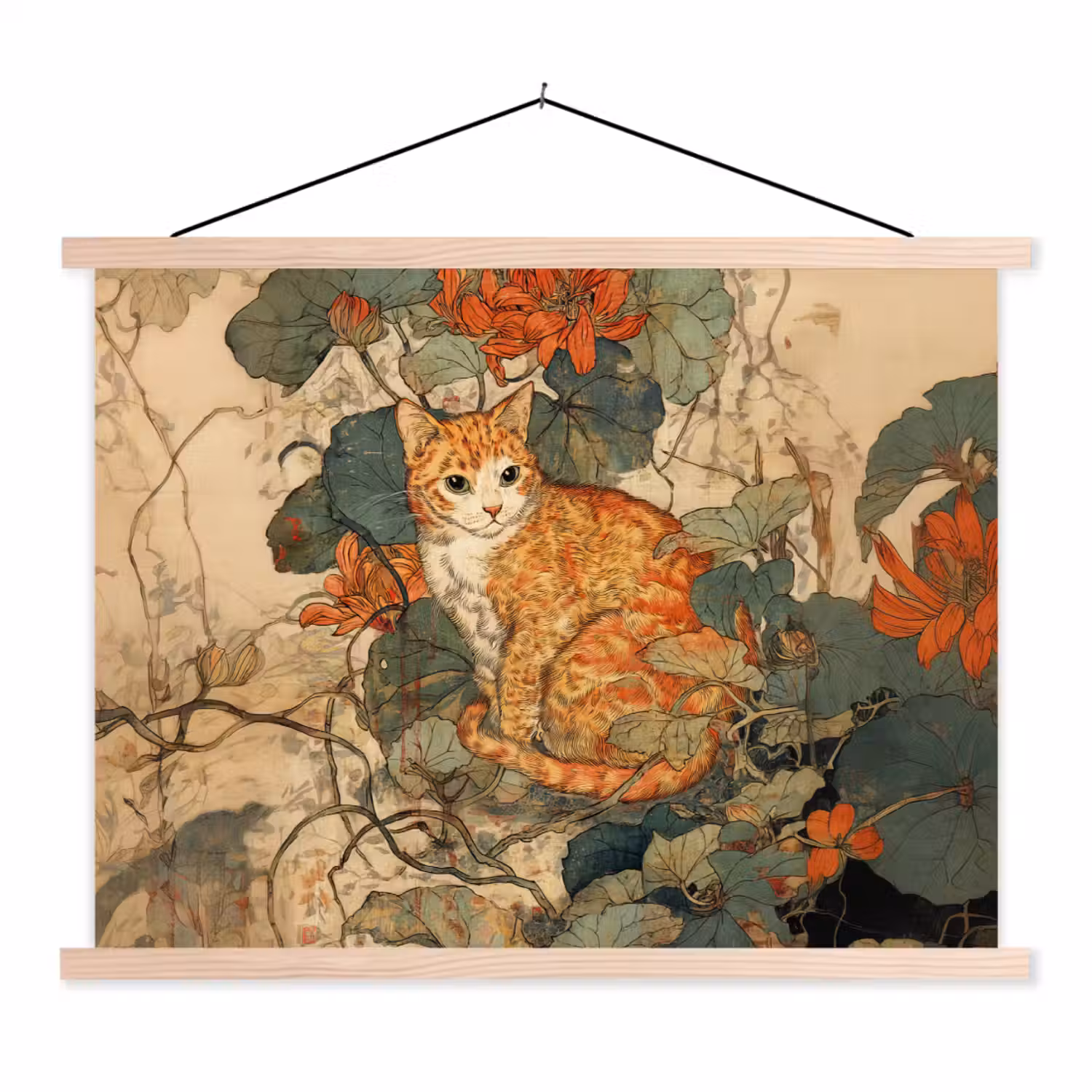 Kat - Sierlijk - Bloemen textielposter latten blank klein -3d