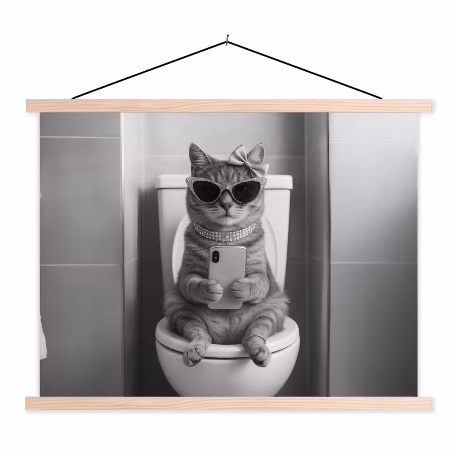 Kat - Telefoon - Toilet - Zwart - Wit textielposter latten blank klein -3d