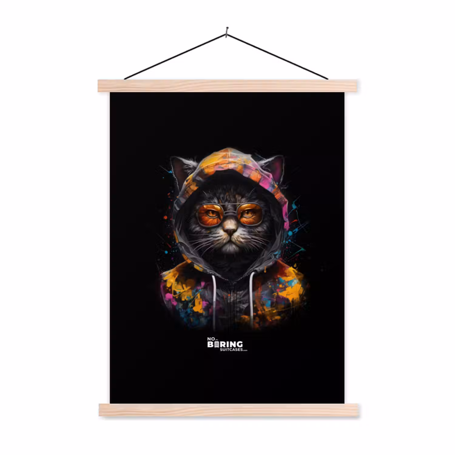 Kat met kleurrijk vest en oranje bril textielposter latten blank klein -3d