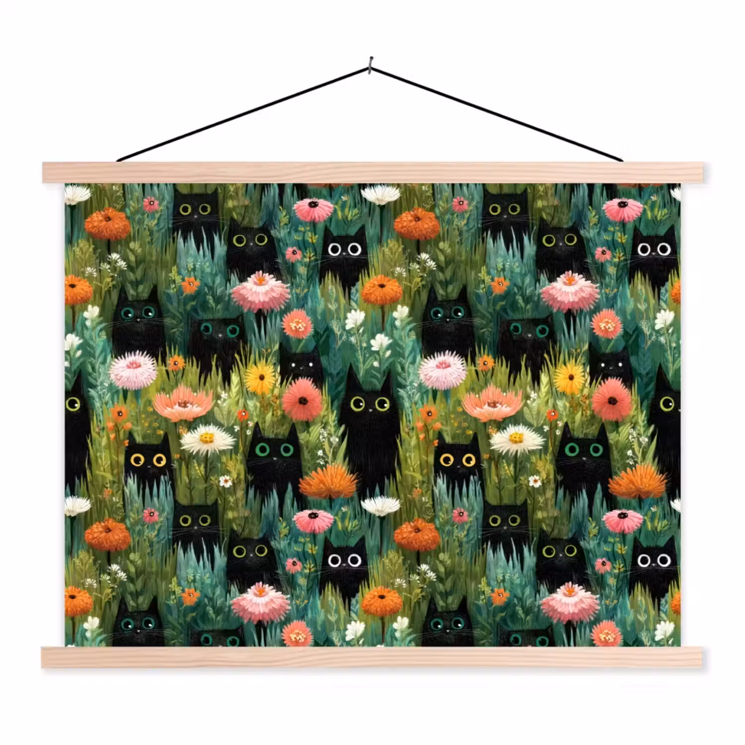 Katten - Bloemen - Kleurrijk textielposter latten blank klein 122 -3d