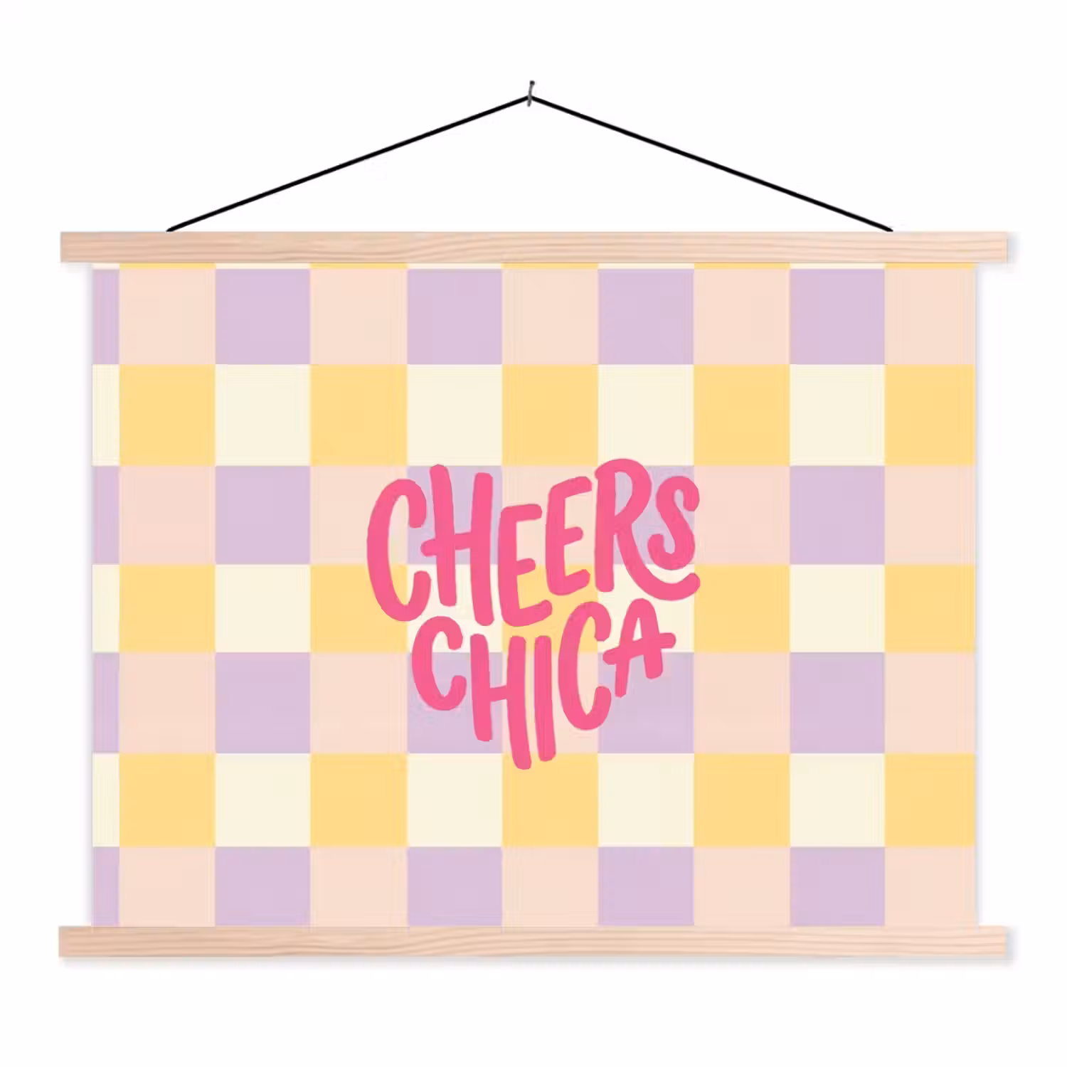 Cheers Chica - Ruitjes - Lila - Geel textielposter latten blank klein -3d