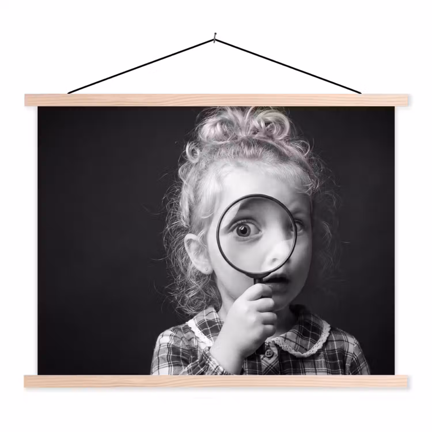 Kind - Vergrootglas - Portret - Zwart-wit textielposter latten blank klein -3d