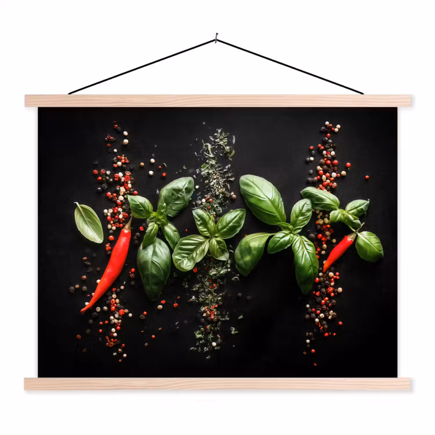 Chilipepers - Basilicum - Blaadjes - Rood textielposter latten blank klein -3d