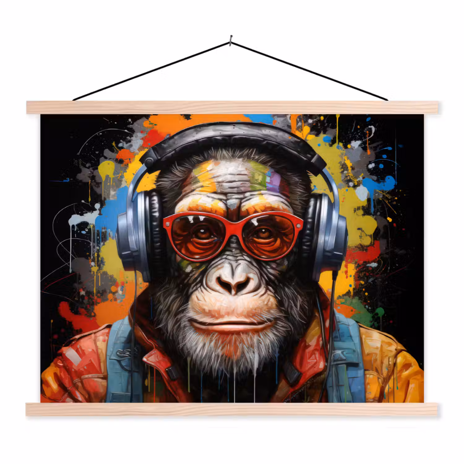 Chimpansee - Aap - dieren - Graffiti - Bril - Koptelefoon - Kleuren textielposter latten blank klein -3d