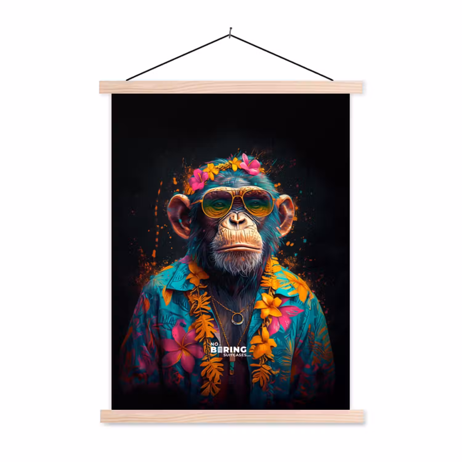 Chimpansee met Hawaii blouse textielposter latten blank klein -3d