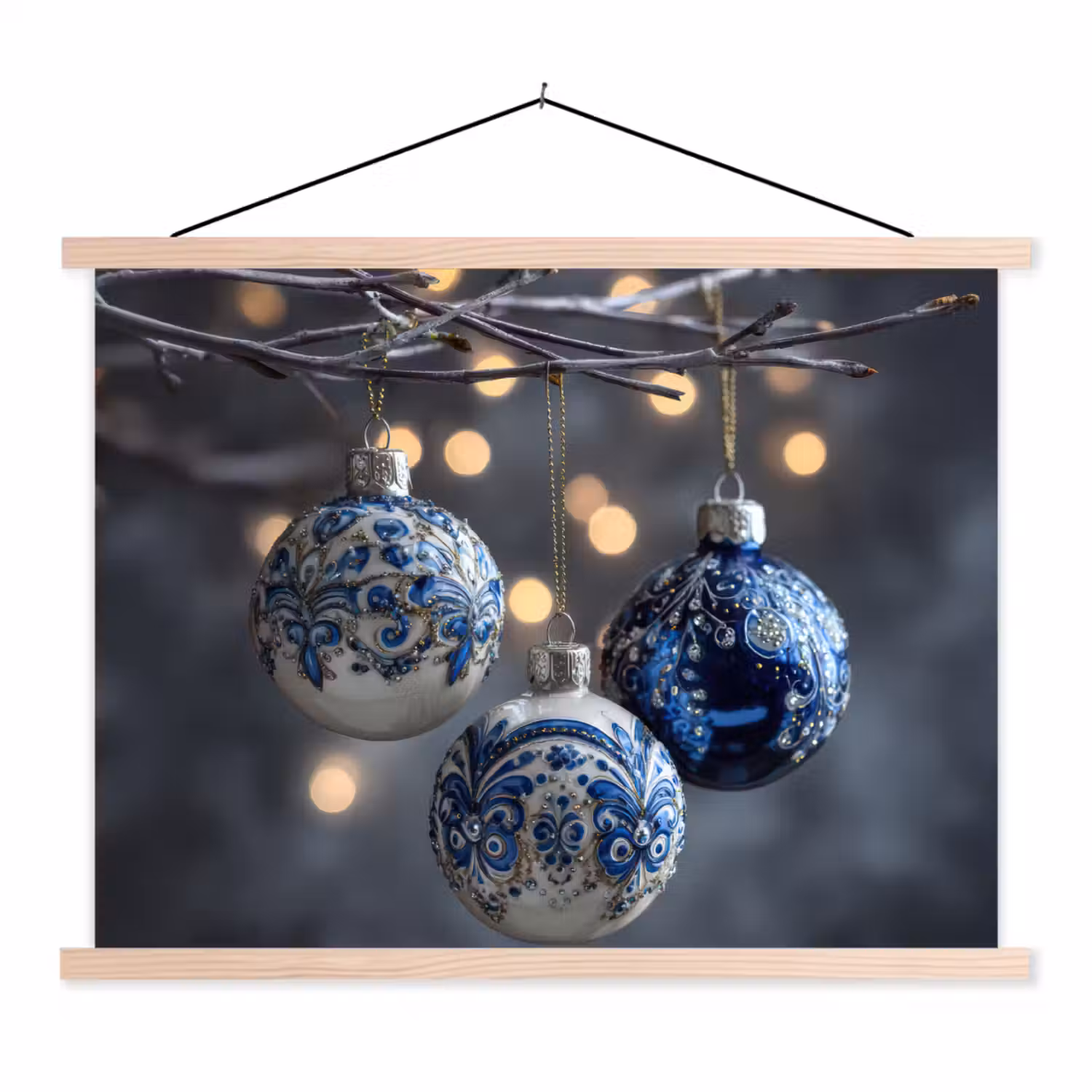 Kerstbal - Versierd - Blauw textielposter latten blank klein -3d