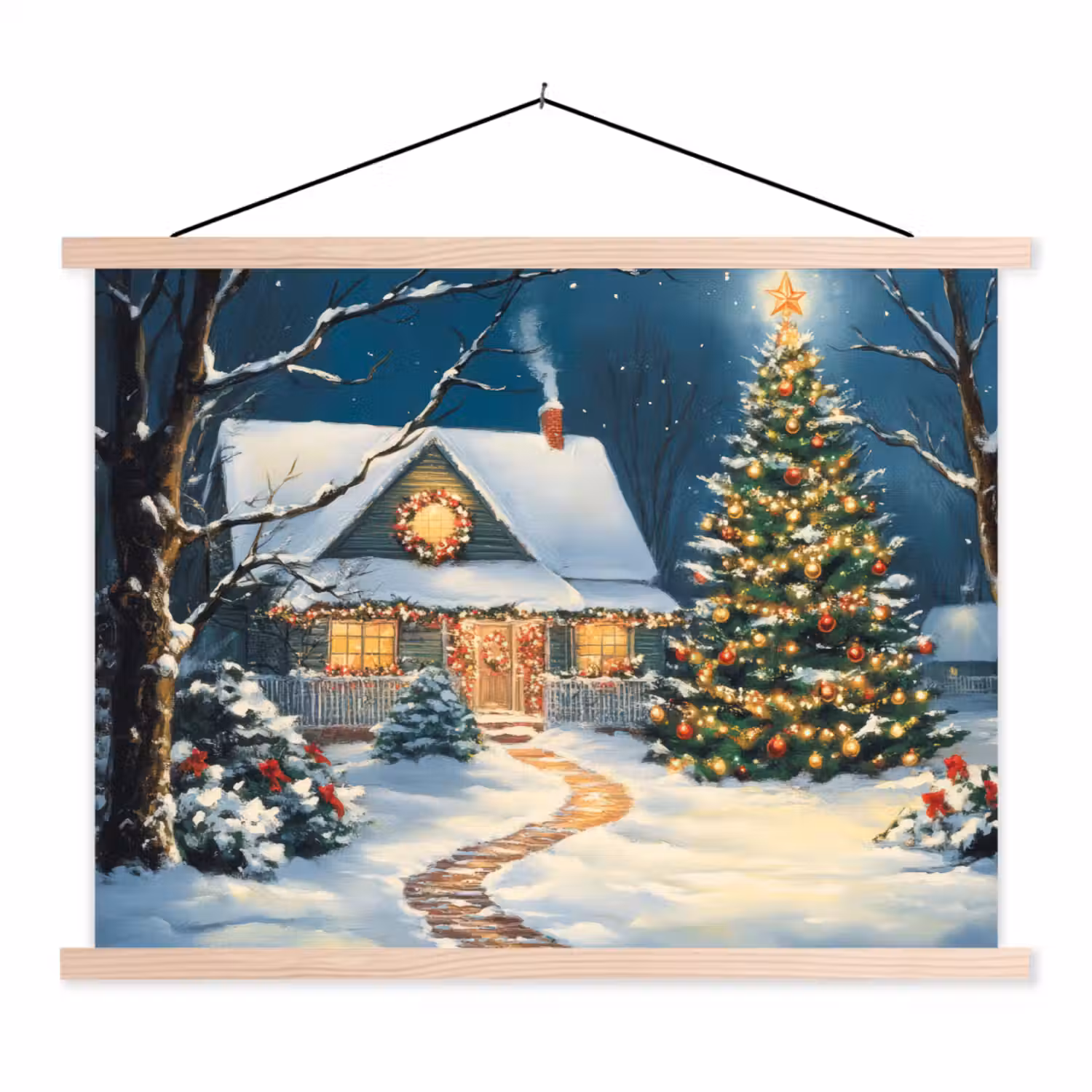 Kerst - Kerstboom - Winter - Huis - Sneeuw textielposter latten blank klein -3d