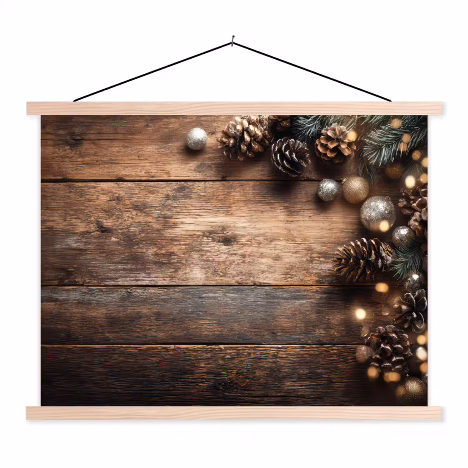Kersthoekdecoratie - Dennenappels - Lichtjes textielposter latten blank klein -3d