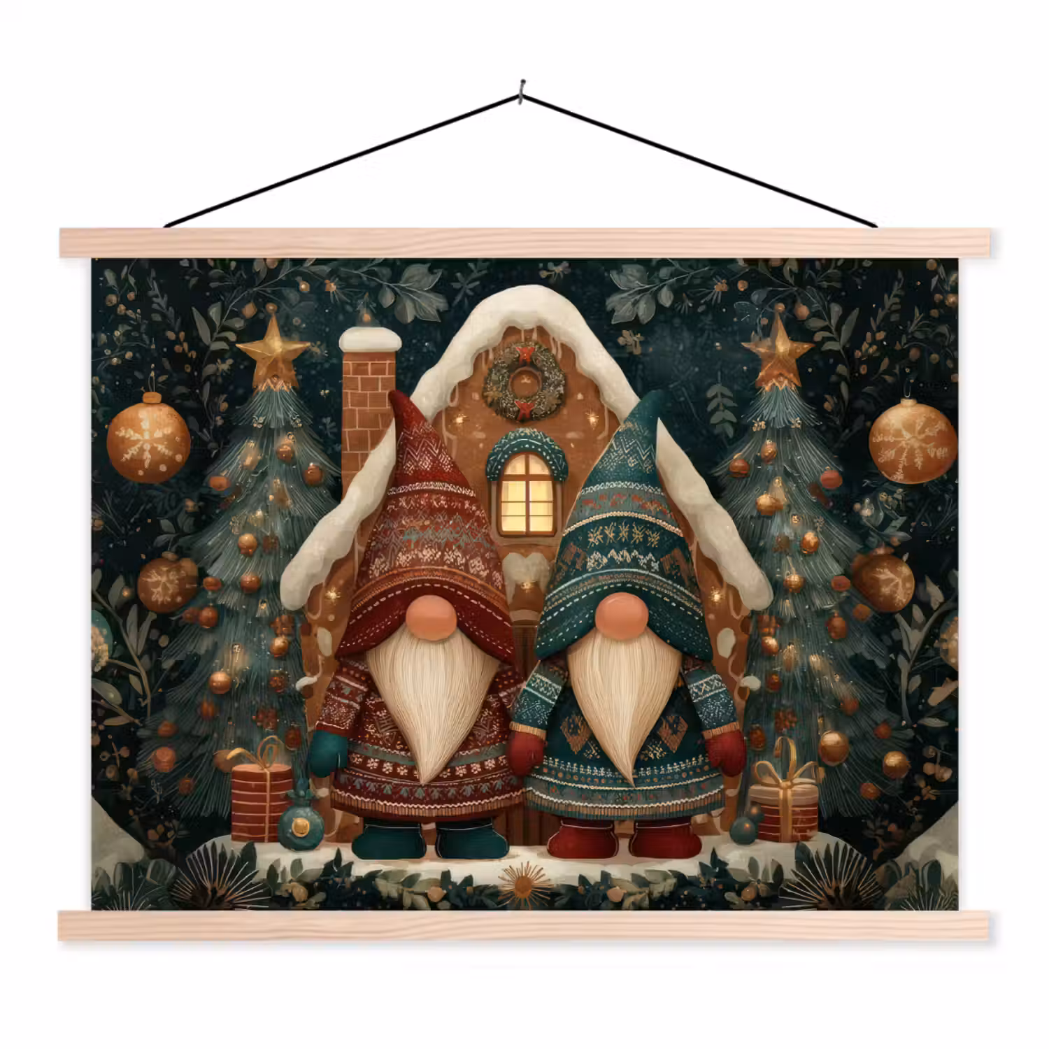 Kerst - Gnomen - Peperkoekhuisje - Rood - Groen textielposter latten blank klein -3d