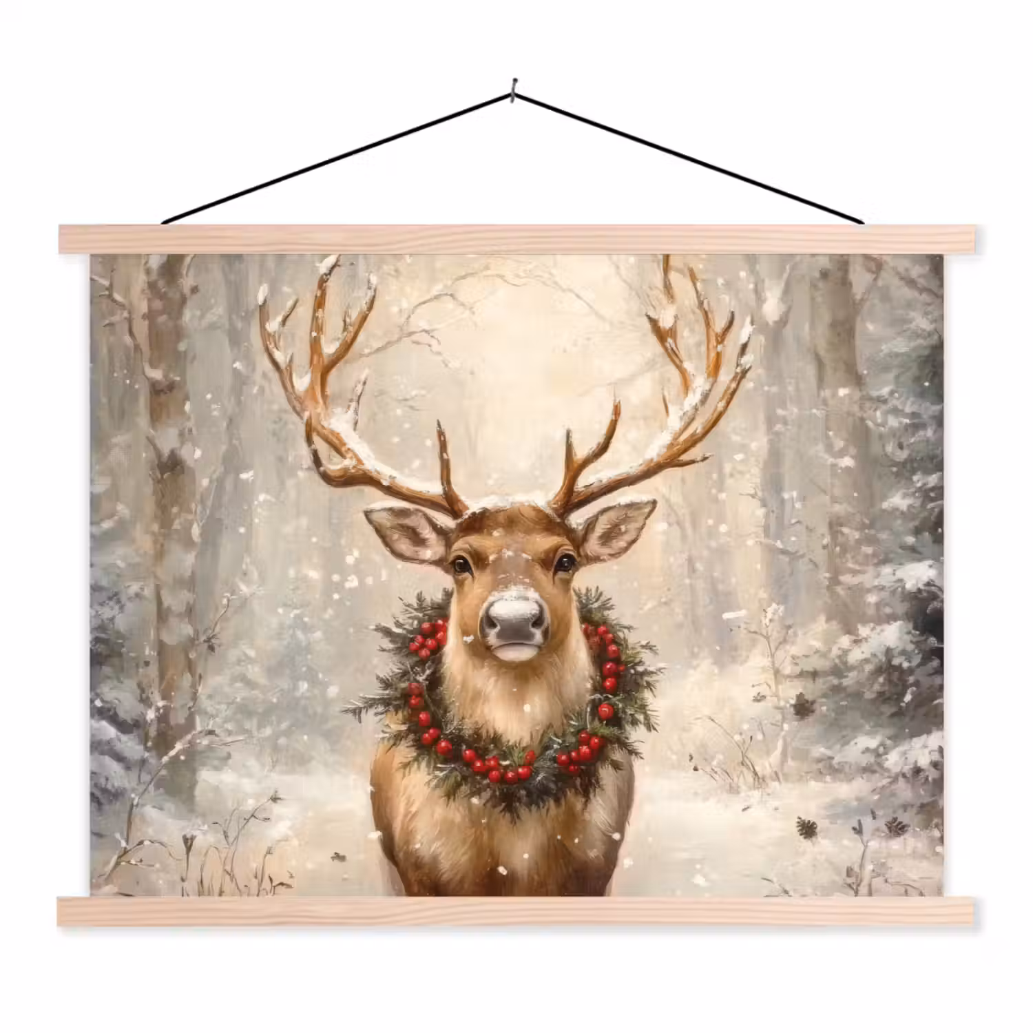 Kerst - Rendier - Winter - Krans textielposter latten blank klein -3d