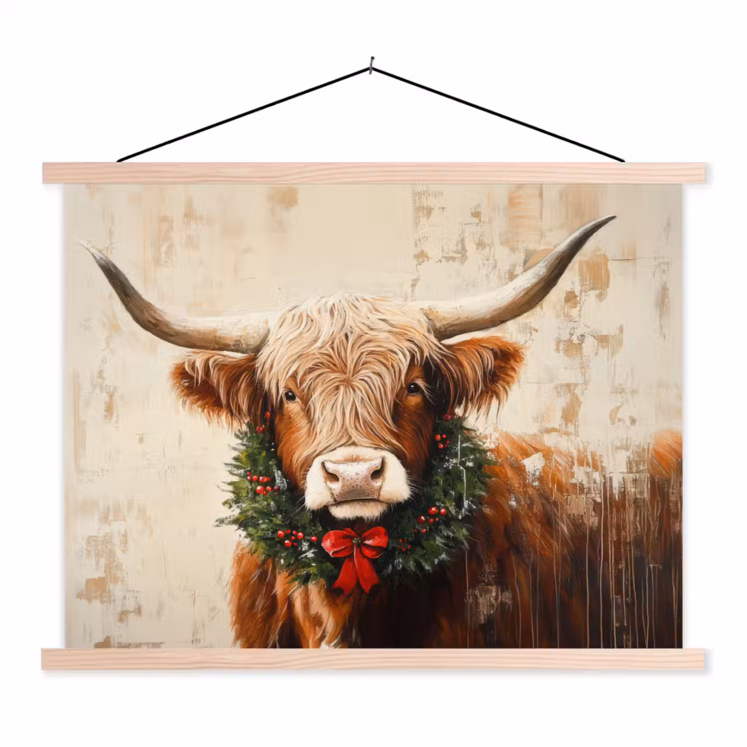 Kerst - Schotse Hooglander - Bruin - Krans textielposter latten blank klein -3d