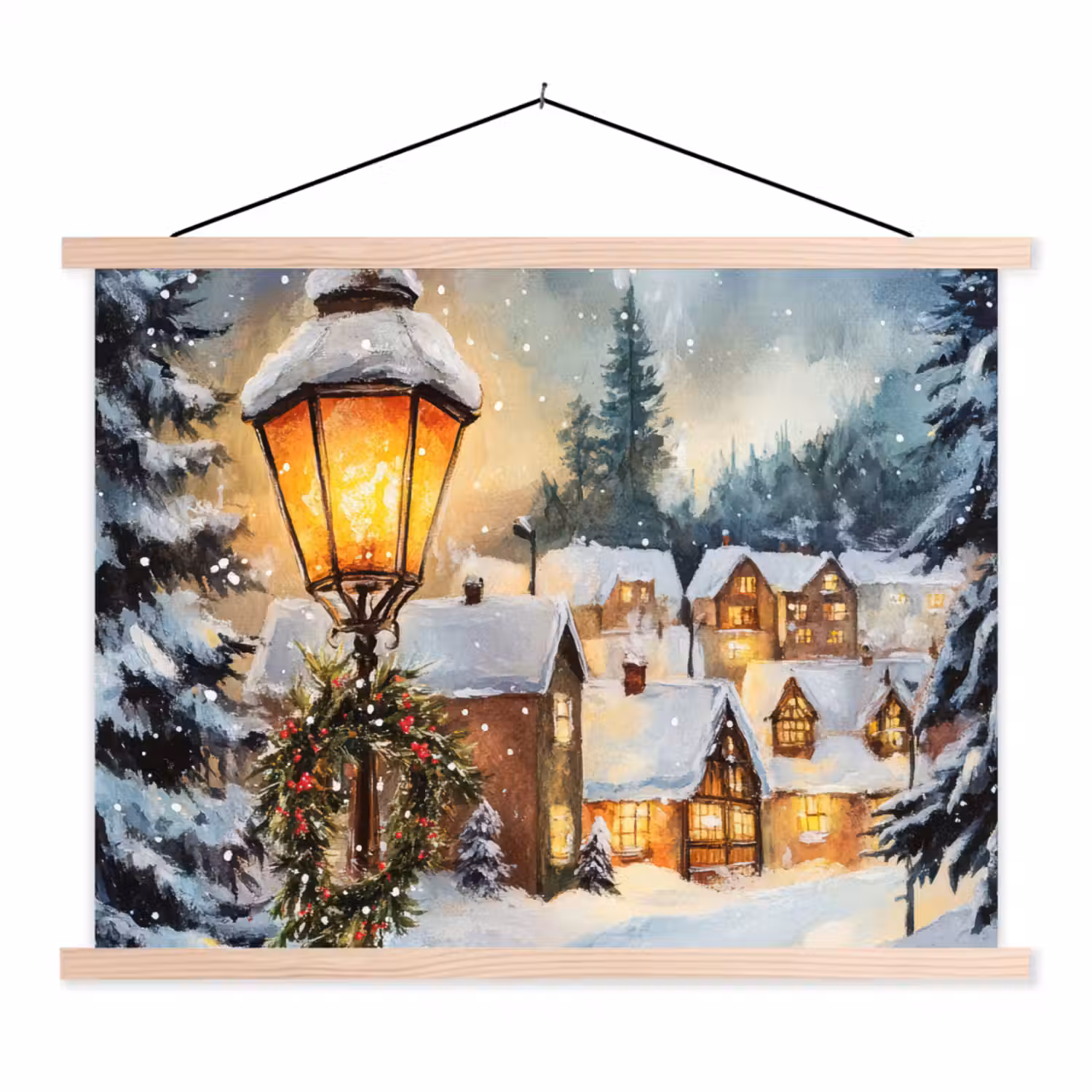 Kerstdorp - Huizen - Sneeuw - Kerst textielposter latten blank klein -3d