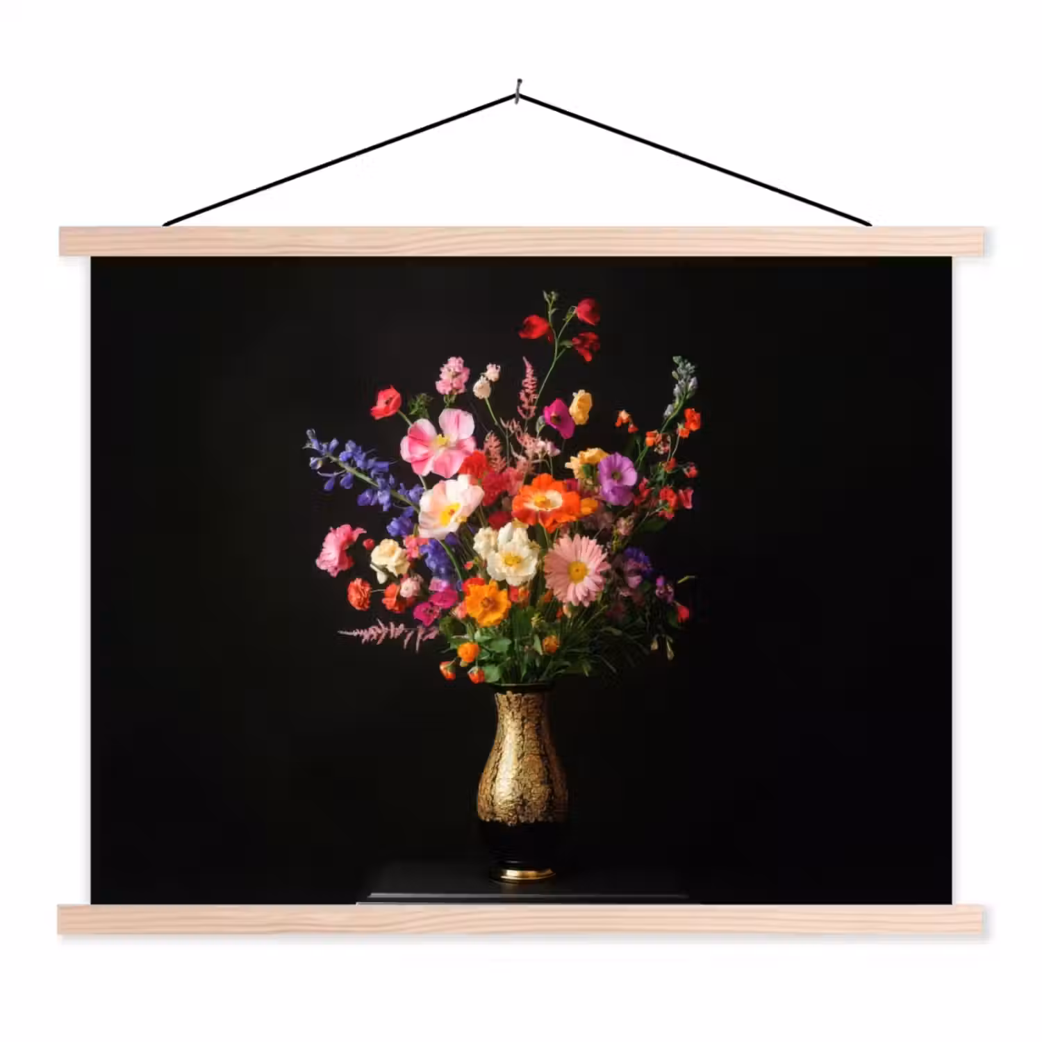 Kleurrijk - Boeket - Vaas - Goud textielposter latten blank klein -3d