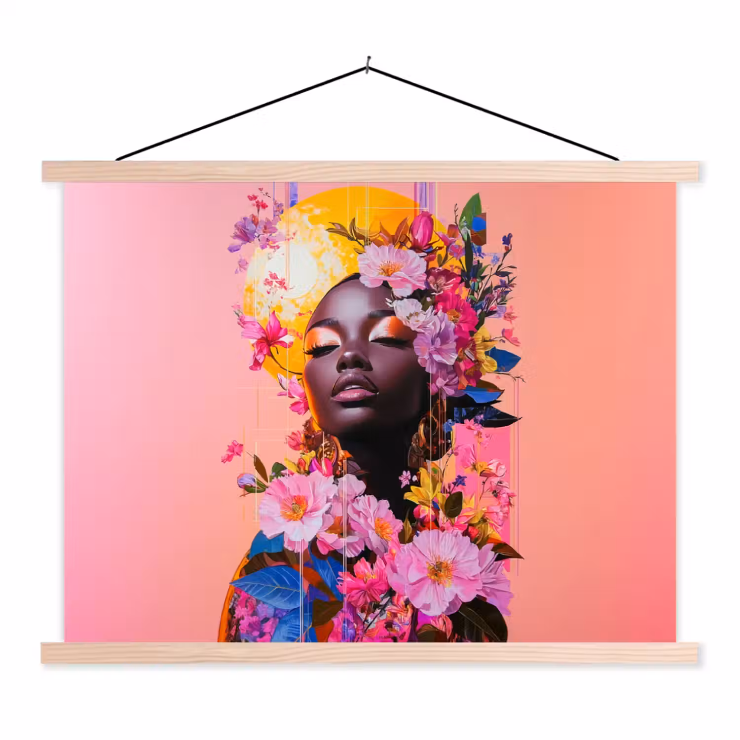 Kleurrijk - Bloemen - Vrouw - Zon textielposter latten blank klein -3d