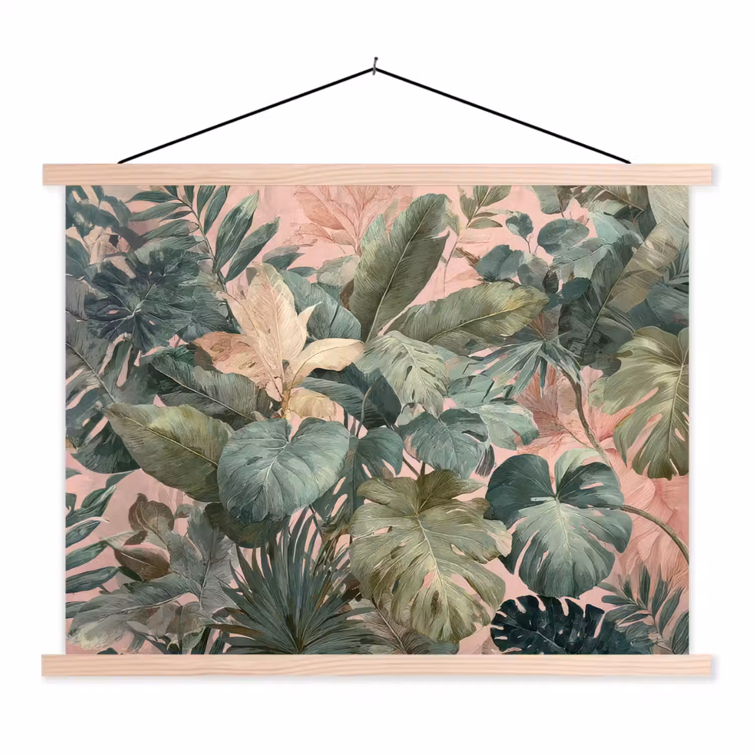 Compositie van bladeren - Groen - Roze textielposter latten blank klein -3d