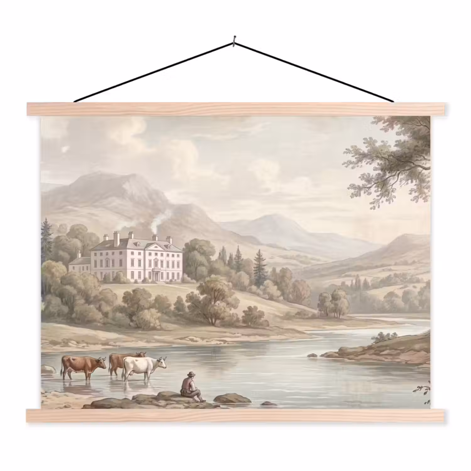 Landhuis - Rivier - Vee textielposter latten blank klein -3d