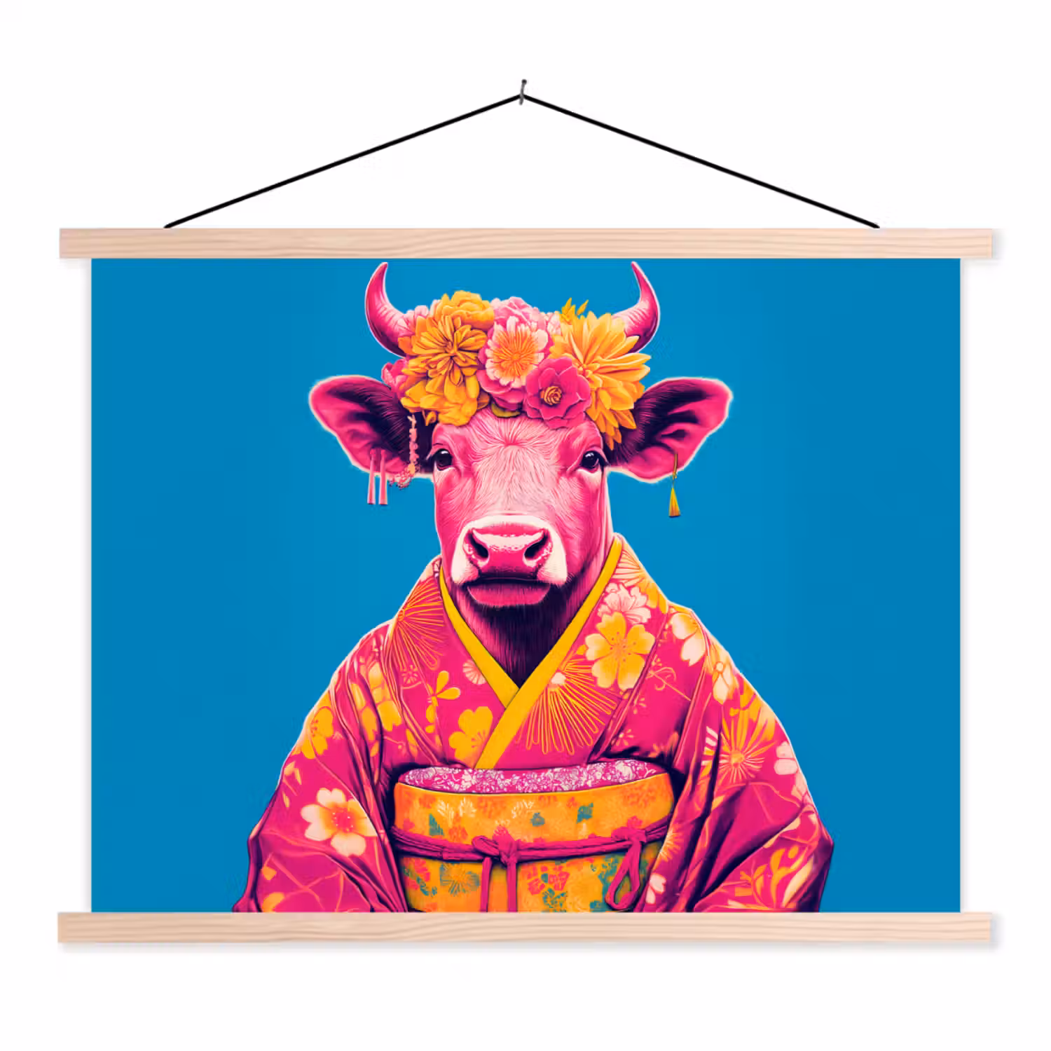 Koe - Bloemenkrans - Oorhangers - Kimono textielposter latten blank klein -3d