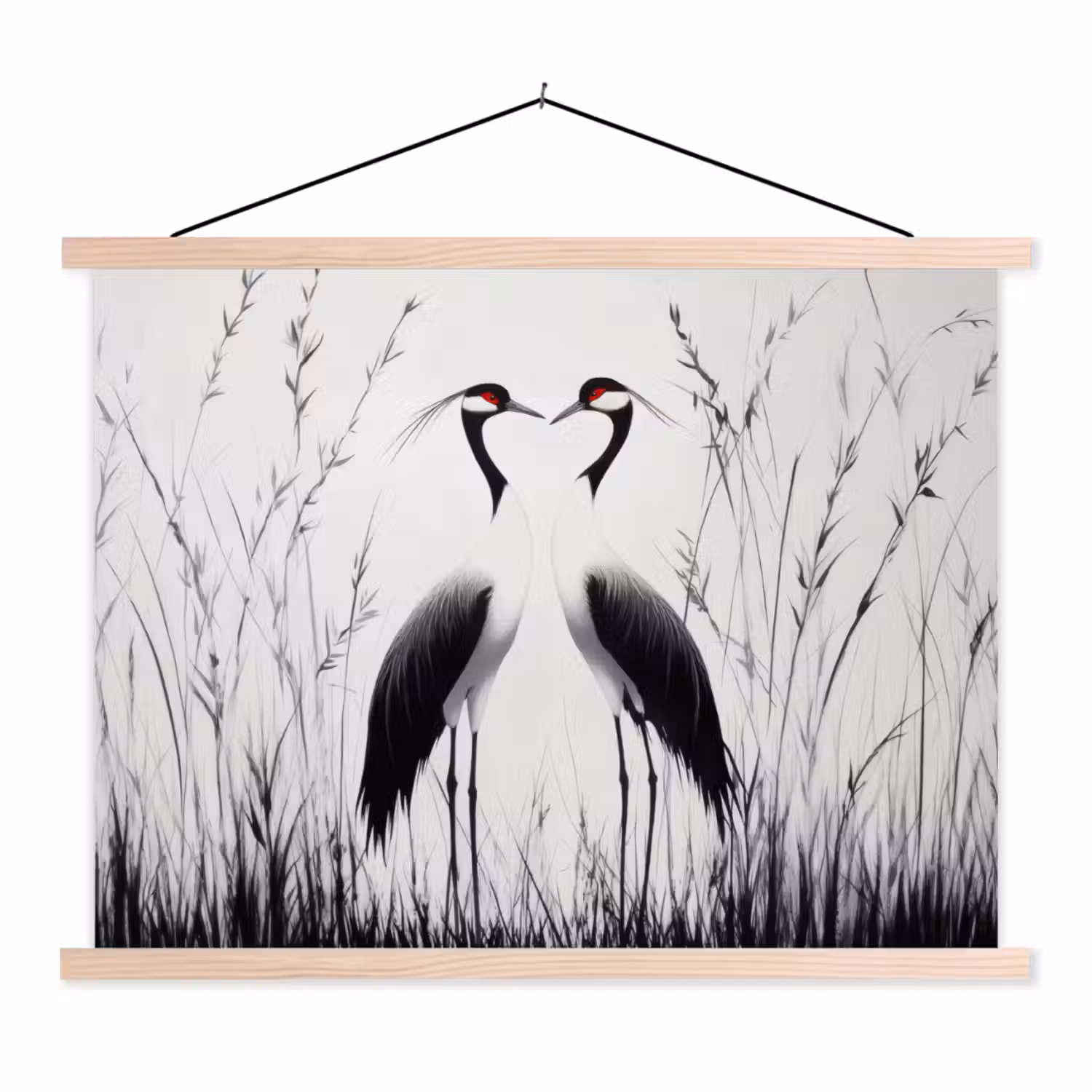 Kraanvogels - Gras - Hartvorm - Zwart textielposter latten blank klein -3d