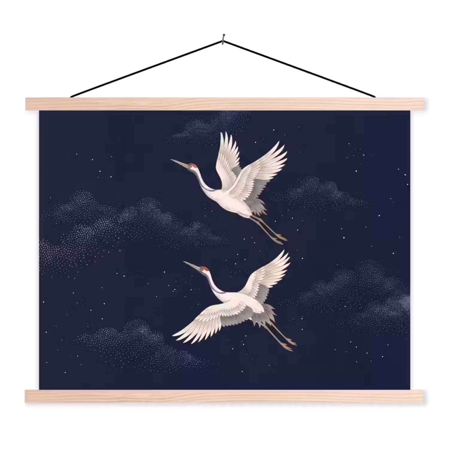 Kraanvogels - Nachthemel - Blauw textielposter latten blank klein -3d