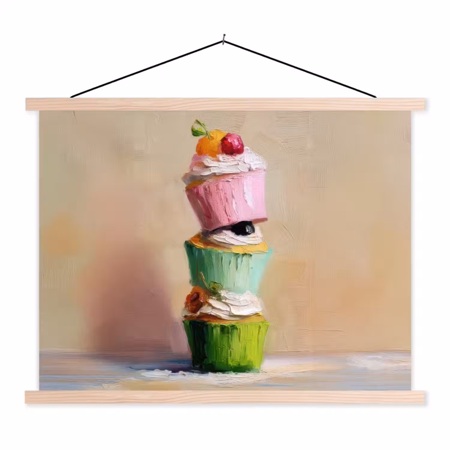 Cupcakes - Gestapeld - Kleurrijk - Fruit textielposter latten blank klein -3d