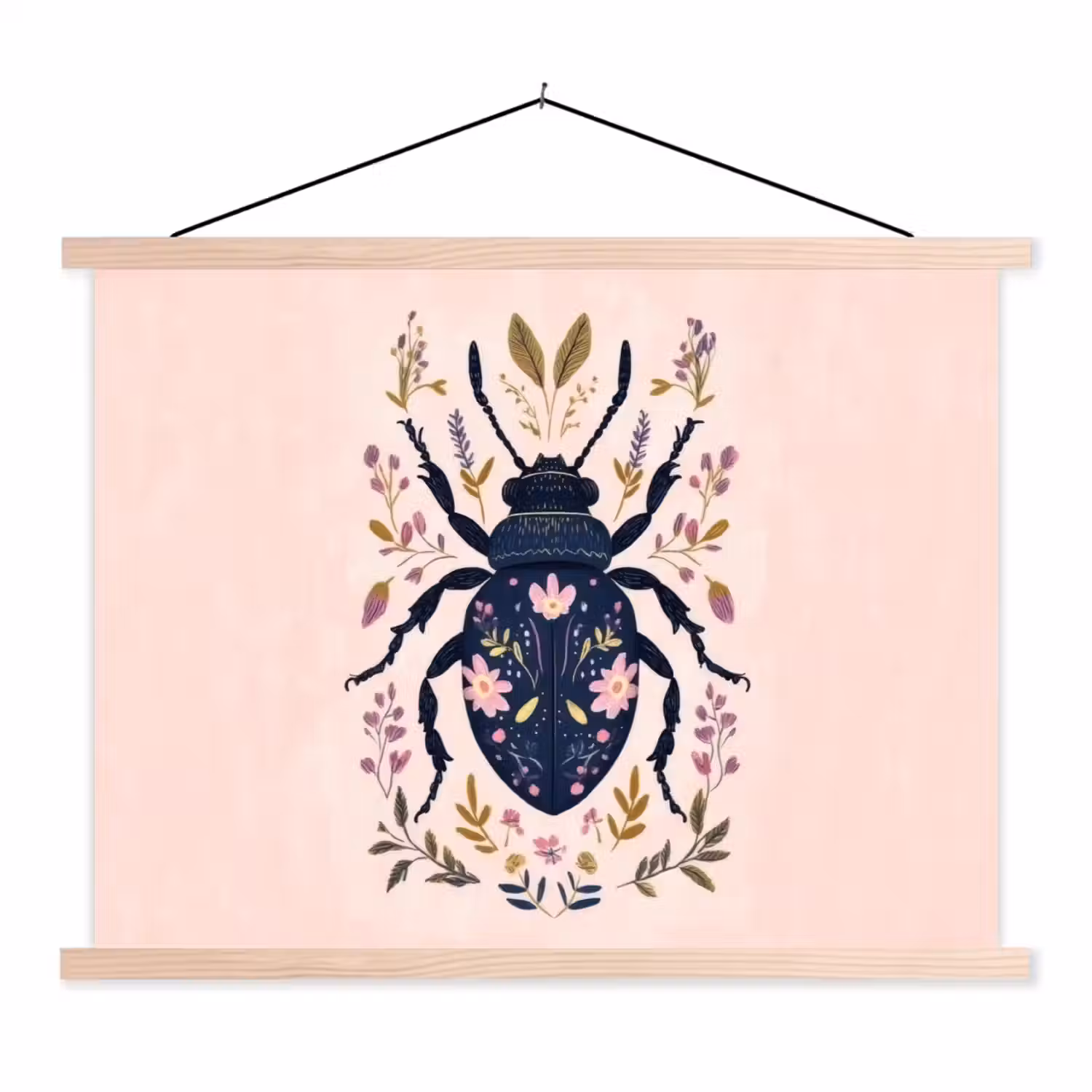 Donkerblauw - Kever - Bloemtakken - Sierlijk textielposter latten blank klein -3d