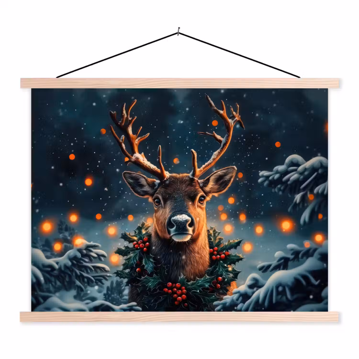 Hert - Kerst - Winter - Sneeuw - Kerstkrans textielposter latten blank klein -3d