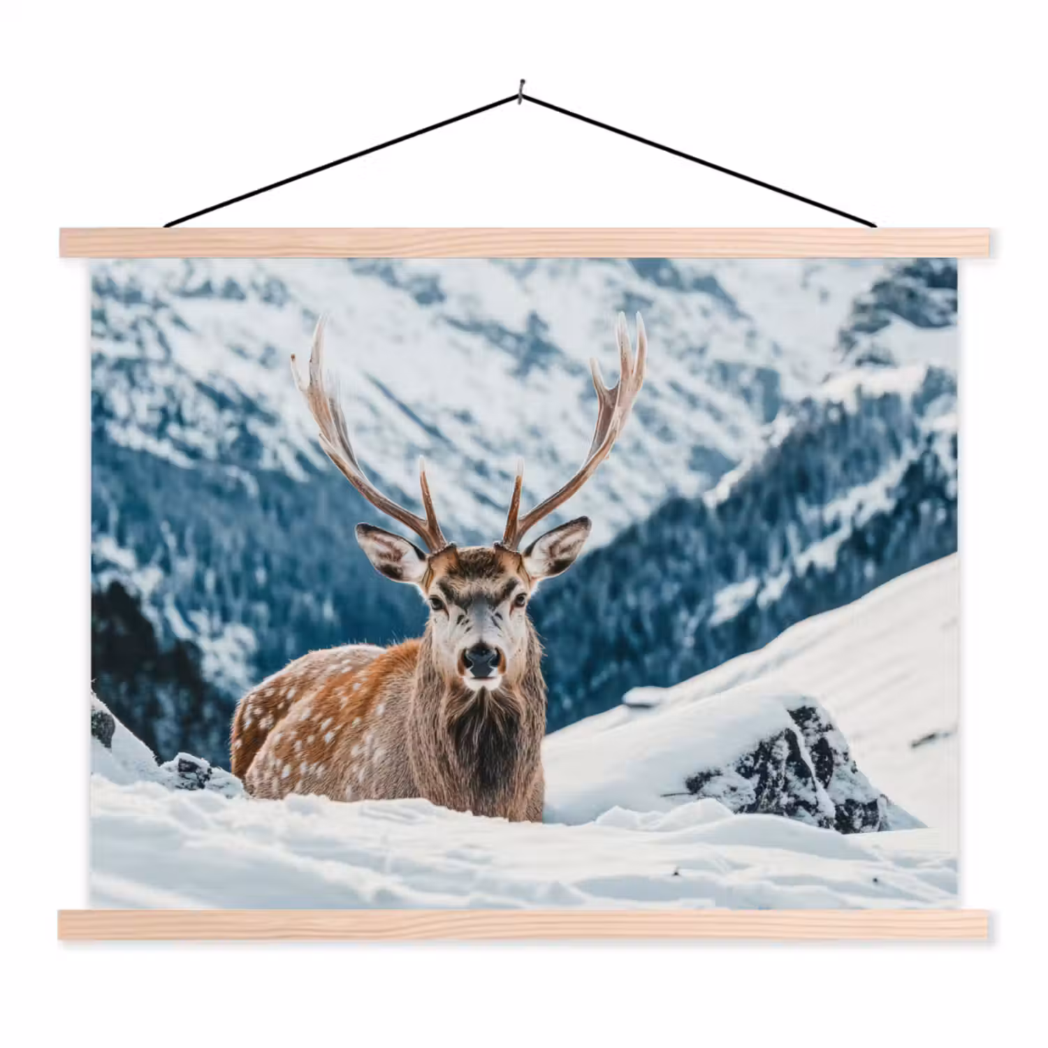Hert - Landschap - Winter - Natuur - Dieren - Bergen textielposter latten blank klein -3d