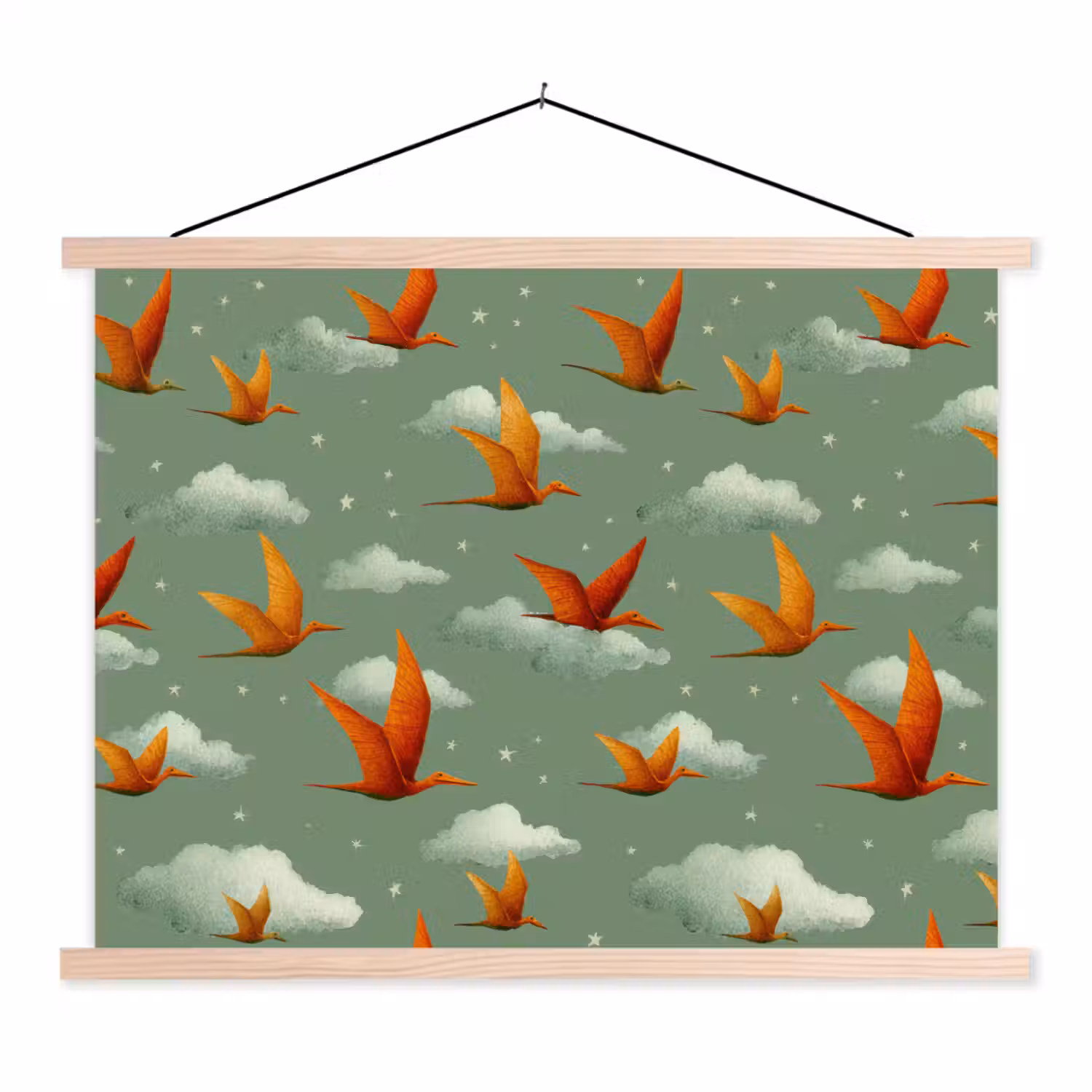 Dinosaurussen - Wolken - Sterren - Oranje textielposter latten blank klein -3d