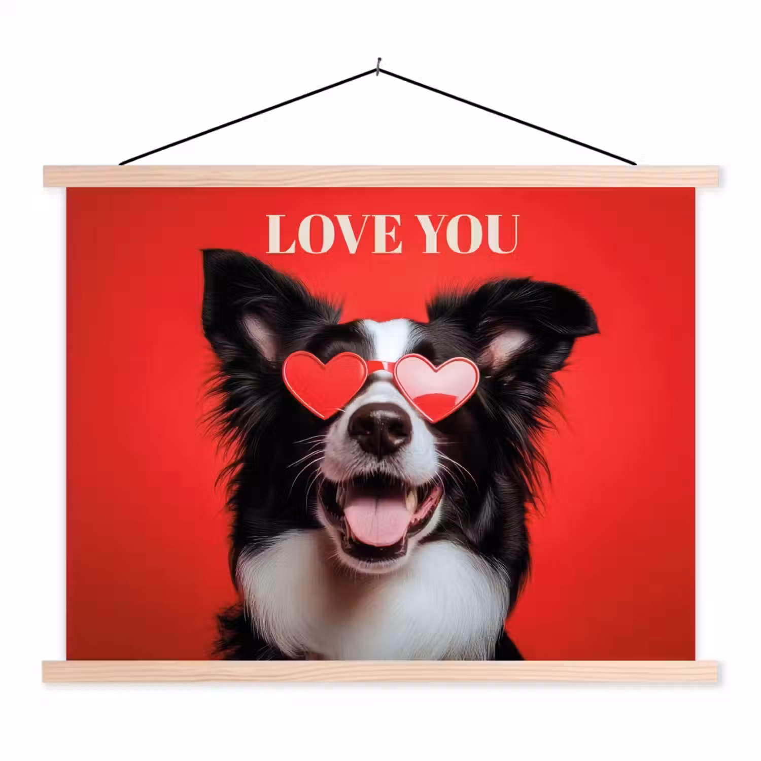 Hond - Hartjesbril - Loveyou - Rood textielposter latten blank klein -3d