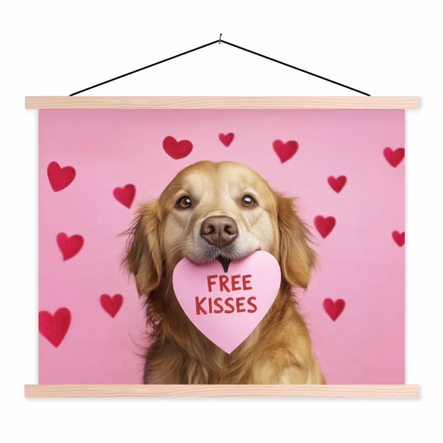 Hond - Kiss- Valentijn - Hartjes textielposter latten blank klein -3d